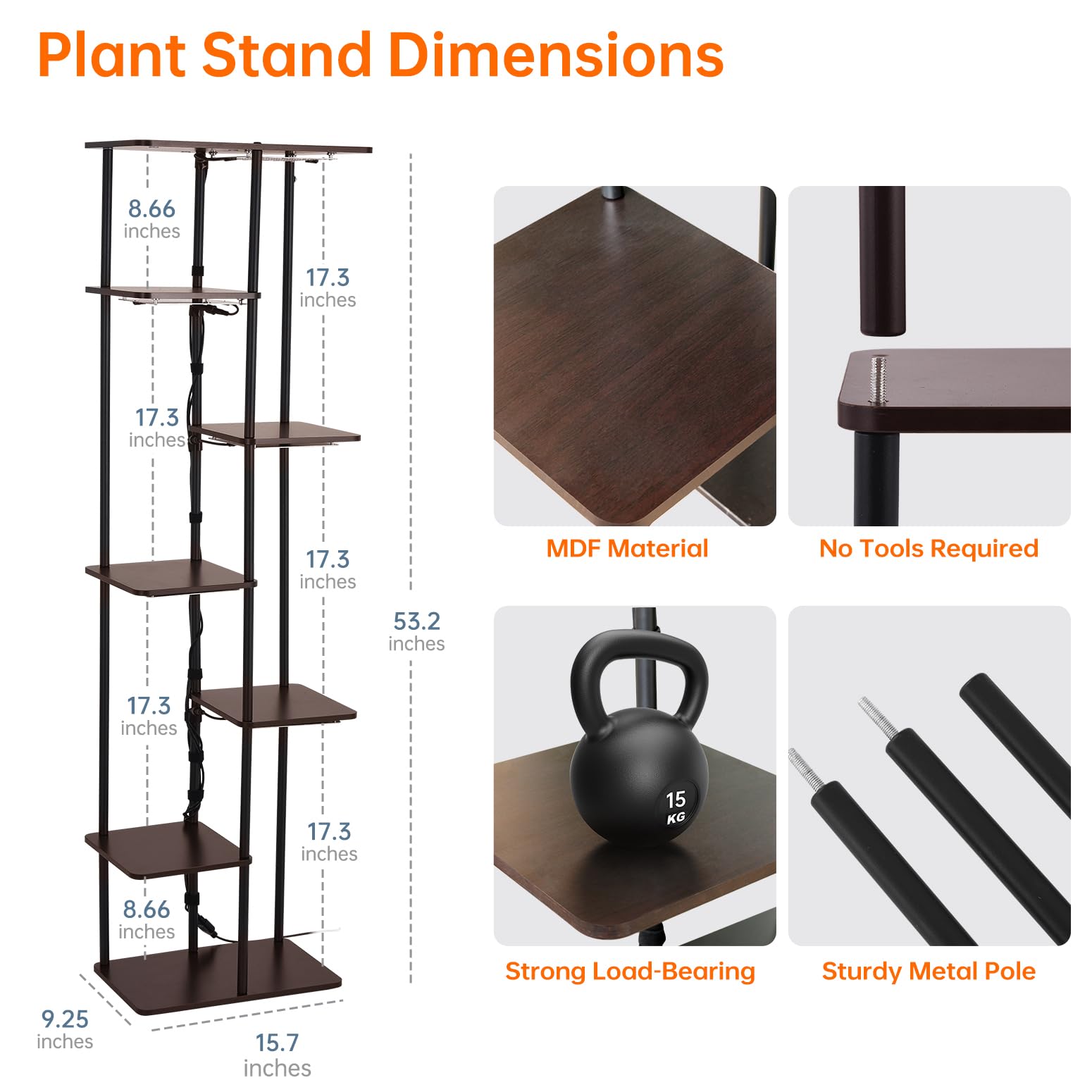 Indoor Plant Stand with Grow Lights , 7 Tier Corner Wooden Tall Grow Light Stand for Indoor Plants , Full Spectrum Dimmable 50W(5x10W) LED Grow Light Panel with Timer for Garden , Living Room