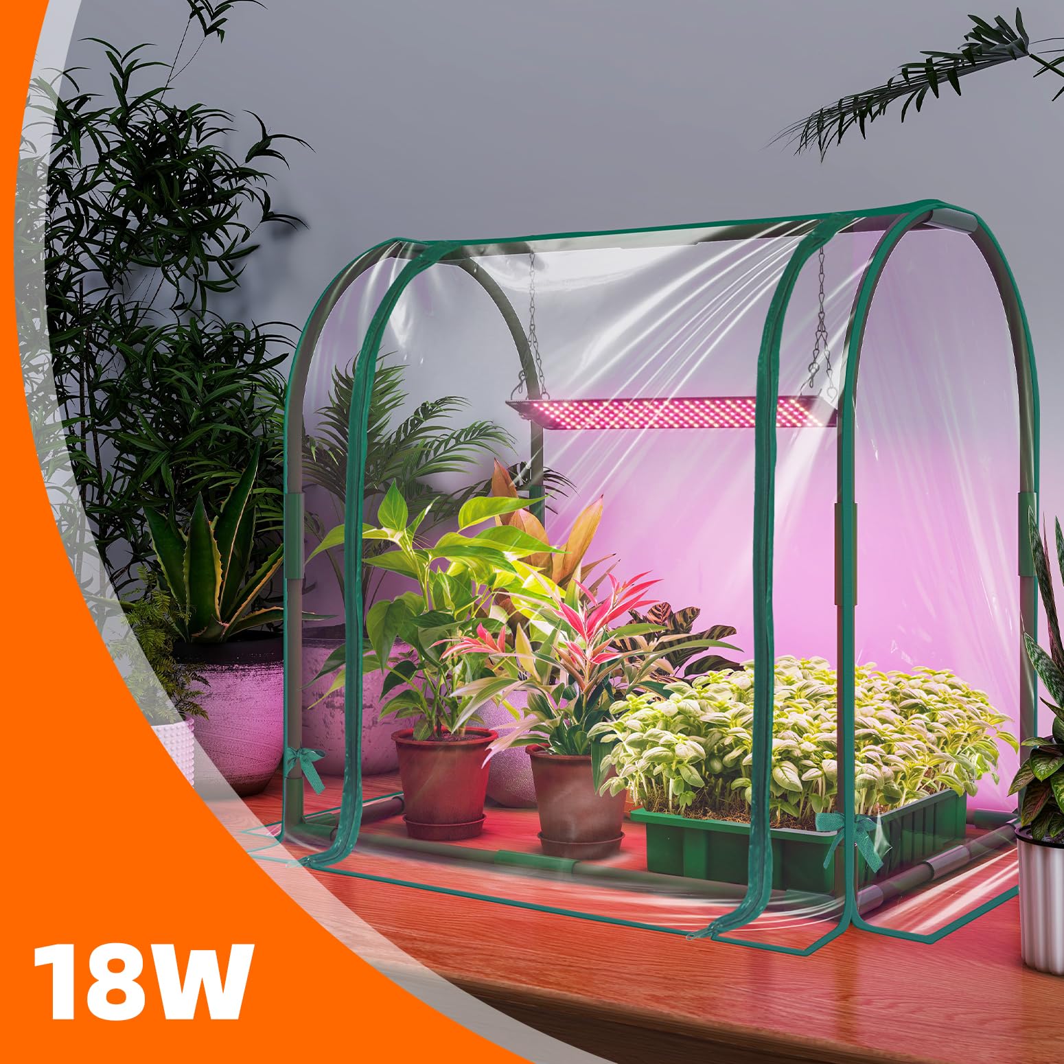 Mini Indoor Greenhouse with Grow Lights, 27.2"L X 19.9"W X 27.2"H Desktop Small Greenhouse with Zippered Door and PVC Cover for Seed Starting, 1.6FT 18W Plant Light for Indoor Plants with Timer