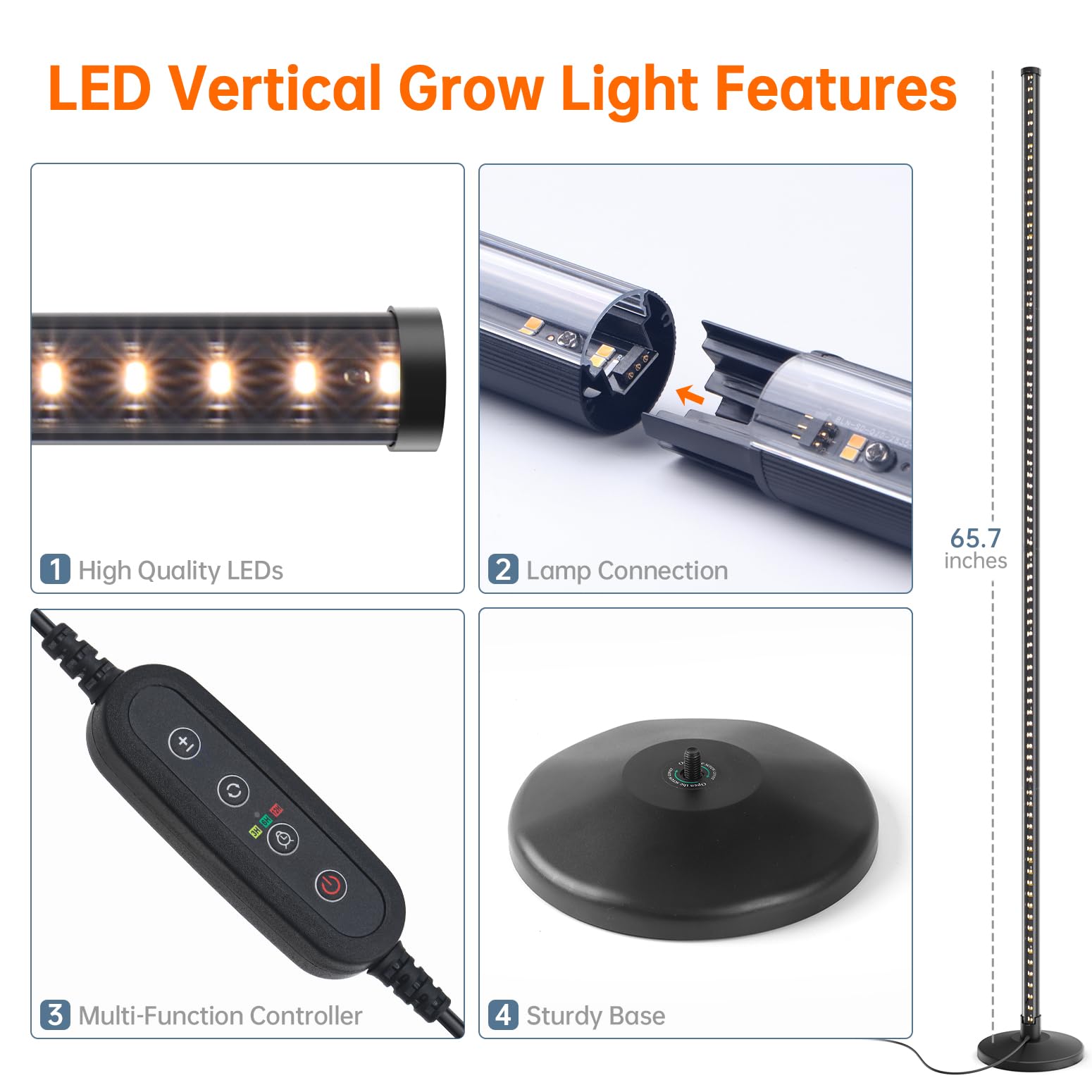 Standing Grow Lights for Indoor Plants,T10 Full Spectrum Vertical Grow Light Wide Illumination Area,16in-65in Adjustable Height Plant Light with Stand,3 Light Modes Floor Grow Light with Timer