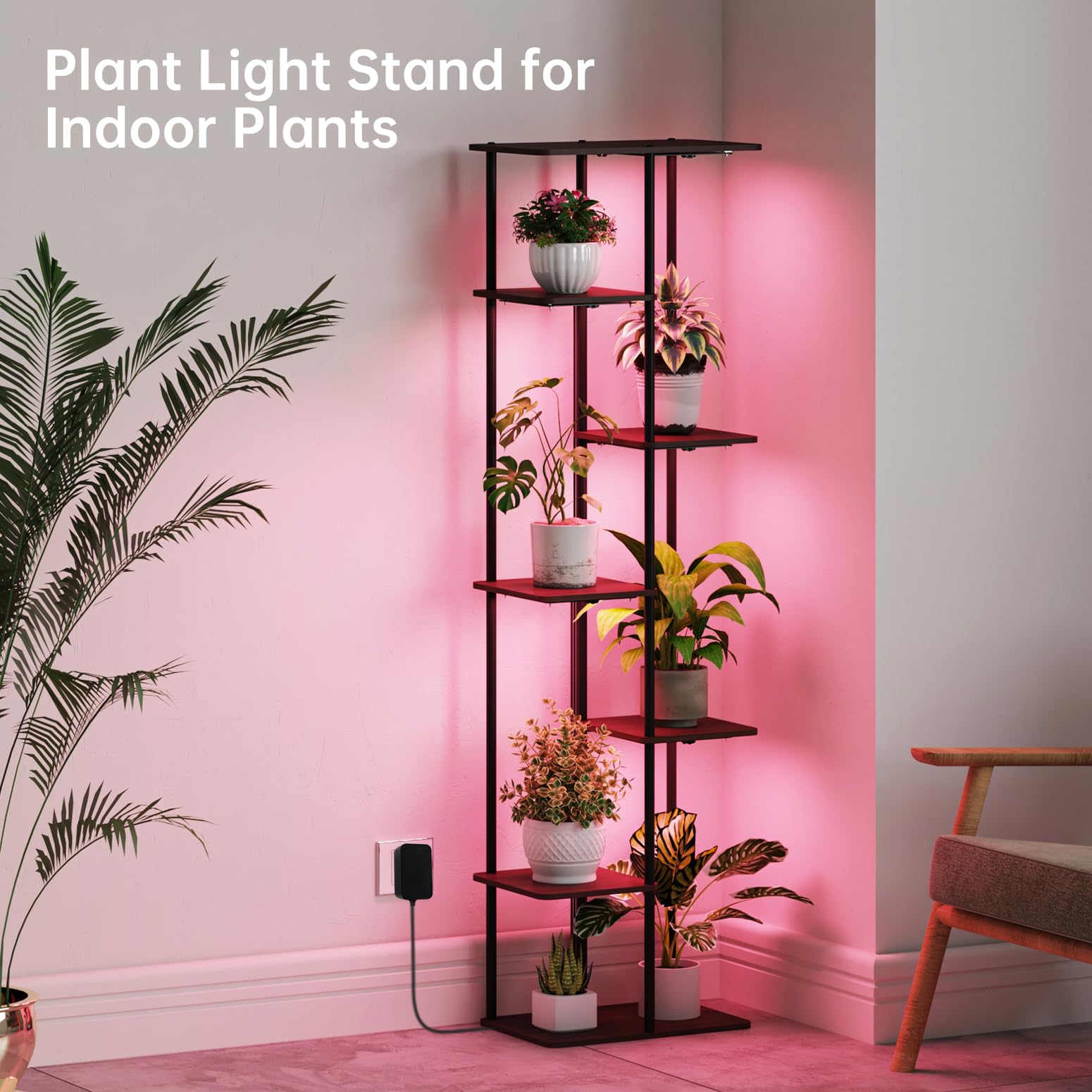 Indoor Plant Stand with Grow Lights , 7 Tier Corner Wooden Tall Grow Light Stand for Indoor Plants , Full Spectrum Dimmable 50W(5x10W) LED Grow Light Panel with Timer for Garden , Living Room