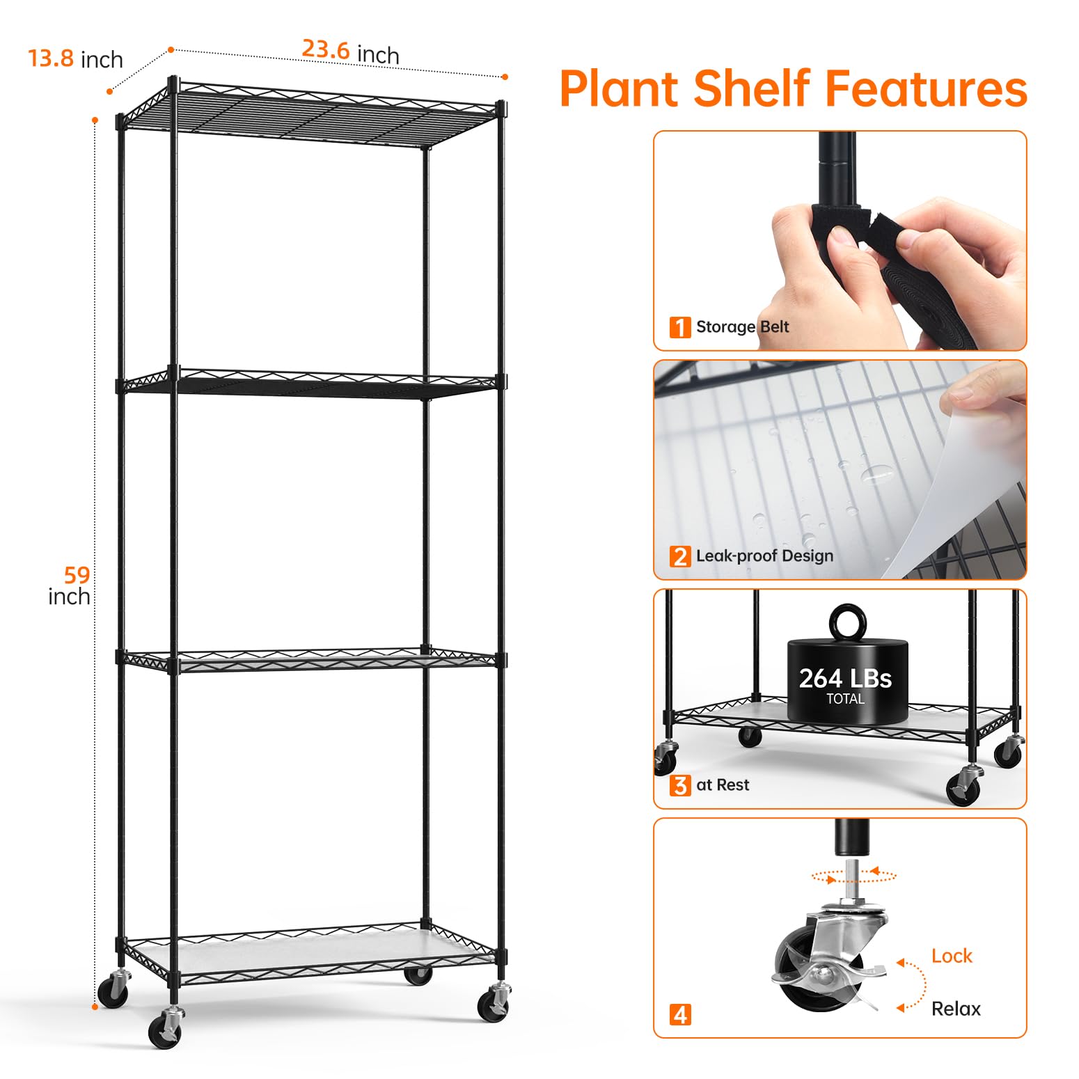 Plant Shelf with Grow Light with Timer, Plant Stand with Adjustable Rack and Wheels, 3 Pack 72W T8 2FT Full Spectrum Grow Lights for Indoor Plants, Seed Starting, Seed Tray, 23.5"x13.8"x59"