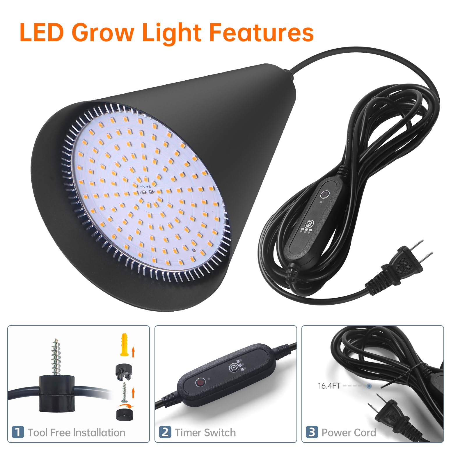 Hanging Grow Lights, Full Spectrum Hanging Plant Lights for Indoor Plants, 25W Black Grow Light Bulbs with 16.4FT Power Cord, 3000K Grow Light for Indoor Plant with Timer for Garden, Flowers