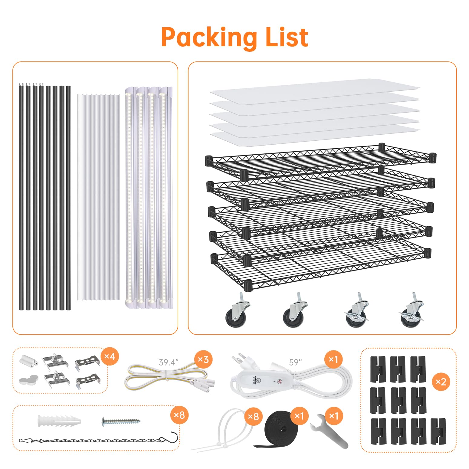 Plant Shelf with Grow Lights, 5-Tier Plant Stand with T8 24W Grow Light for Indoor Plants with Wheel, 5000K Full Spectrum LED Plant Light with Timer for Seedling, Seed Starting, 29.5x13.8x59IN