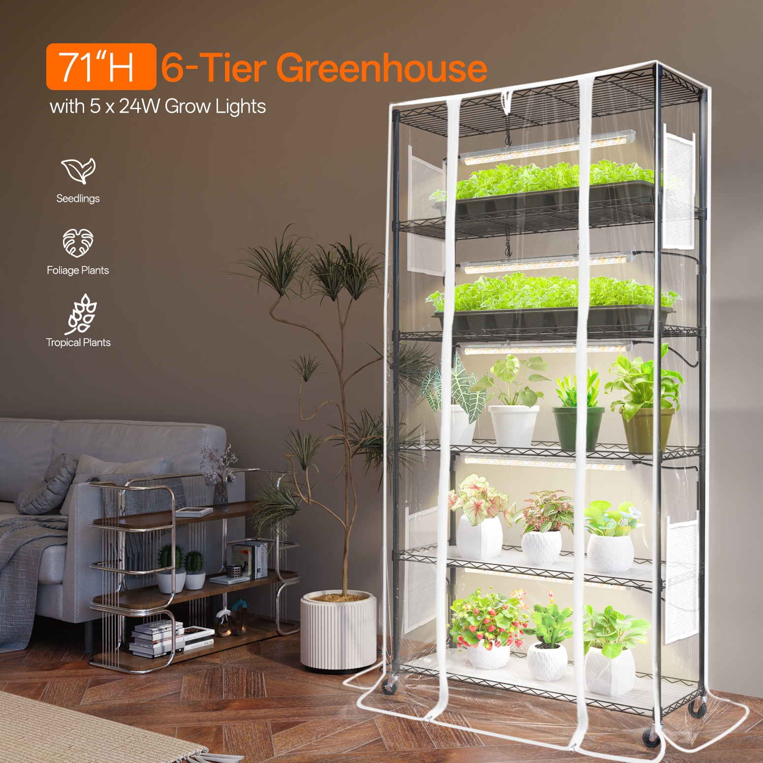 Bstrip 71" Indoor Greenhouse Cabinet with 5x24W T8 Grow Lights, Full Spectrum Plant Shelf with EVA Cover & Wheels for Large Plants