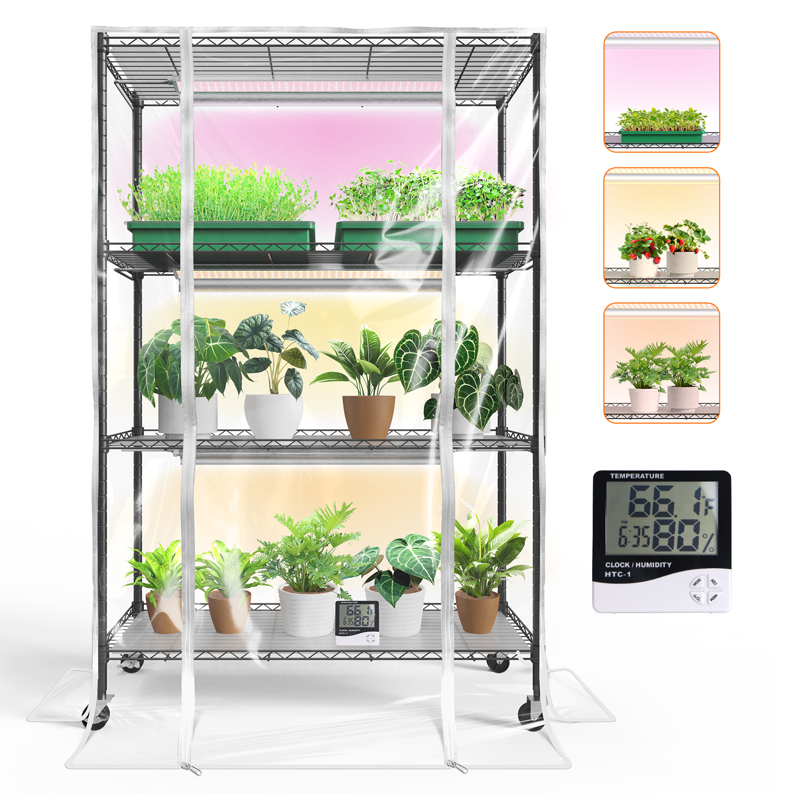 Bstrip Indoor Greenhouse with Grow Light, 59" Plant Stand with 3 Pack Full Spectrum LED Plant Lights, Portable Greenhouse Tent with Adjustable Light Height & Wheels for Indoor Gardening, Seed Starting, Year-Round Cultivation