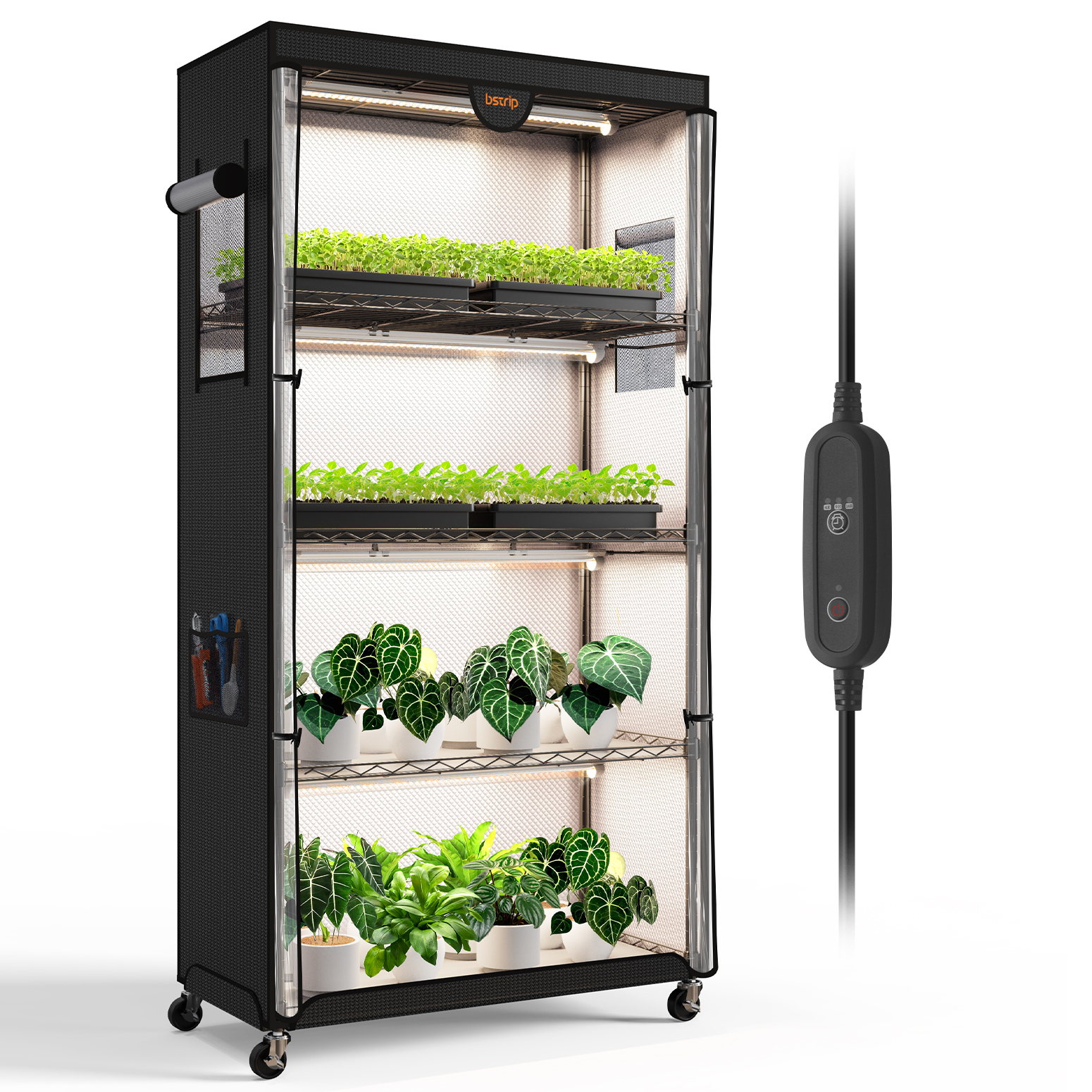 Bstrip Indoor Greenhouse with Grow Lights, 4-Tier Plant Stand with 24W Full Spectrum LED Grow Light Strips, Reflective Grow Tent with Auto Timer & Waterproof Mats for Seed Starting, Tropical Plants, Indoor Gardening