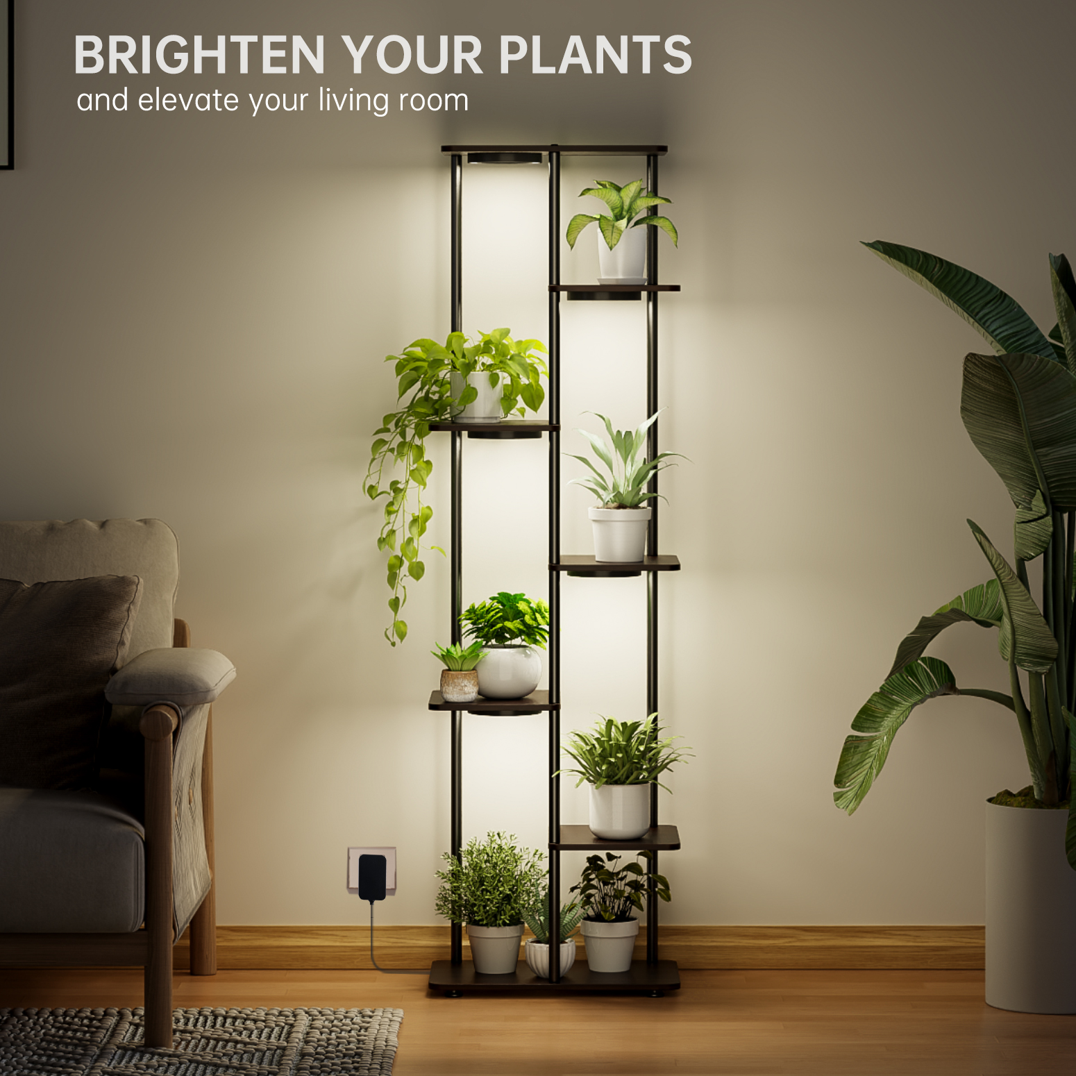 Bstrip Plant Stand with Grow Light, 53 Inch High Indoor Plant Shelf with 5 Full Spectrum LED Plant Lights, 7 Tier Metal and Wood Flower Stand with Adjustable Brightness & Timer, Rectangular Plant Rack for Home Corner Decor