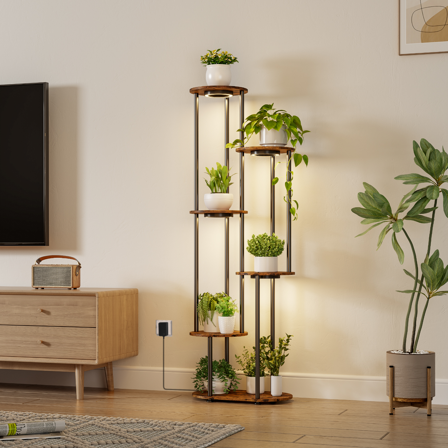 Bstrip Plant Stand with Grow Light, 50 Inch High Indoor Plant Shelf with 4 Full Spectrum LED Plant Lights, 6 Tier Metal and Wood Flower Stand with Adjustable Brightness & Timer, Double-Row Plant Rack for Home Corner Decor