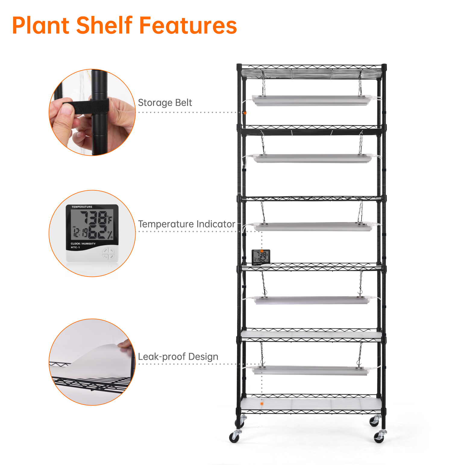 Bstrip DIY Plant Shelf with Grow Lights and Greenhouse Cover, 70.9 Inch Adjustable Plant Stand with 8-Pack Full Spectrum LED Grow Lights, Mobile Indoor Gardening System with EVA Cover for Seed Starting, Tropical Plants
