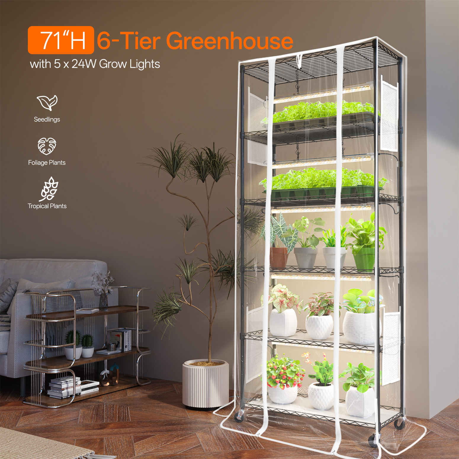 Bstrip 71" 6-Tier Indoor Greenhouse with 8 T8 Grow Lights, Full Spectrum Plant Shelf with EVA Cover & Wheels
