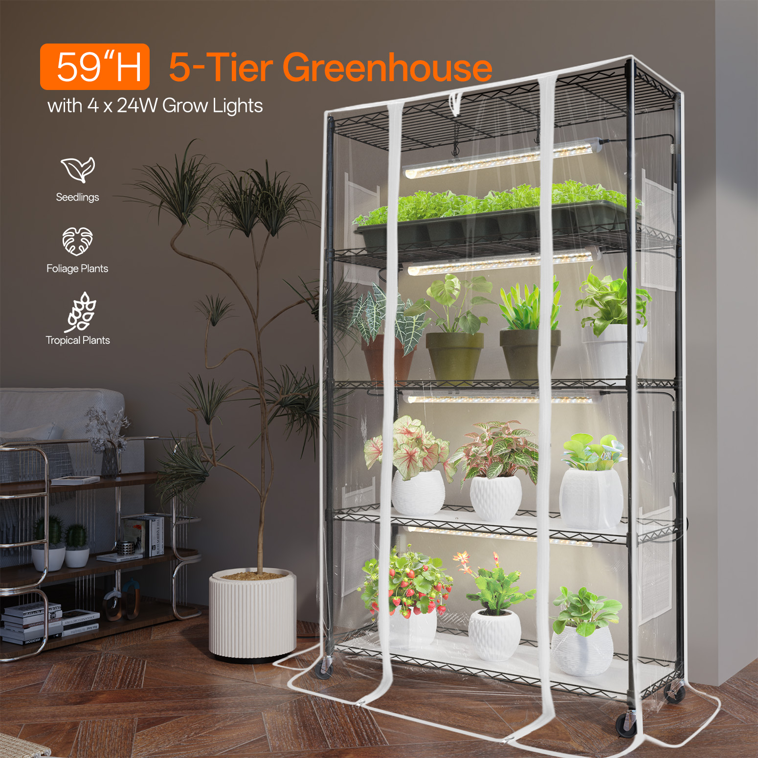 Bstrip 59" Indoor Greenhouse with 4x24W Grow Lights, Mini Grow Tent with EVA Cover & Timer for Seed Starting and Plant Growth