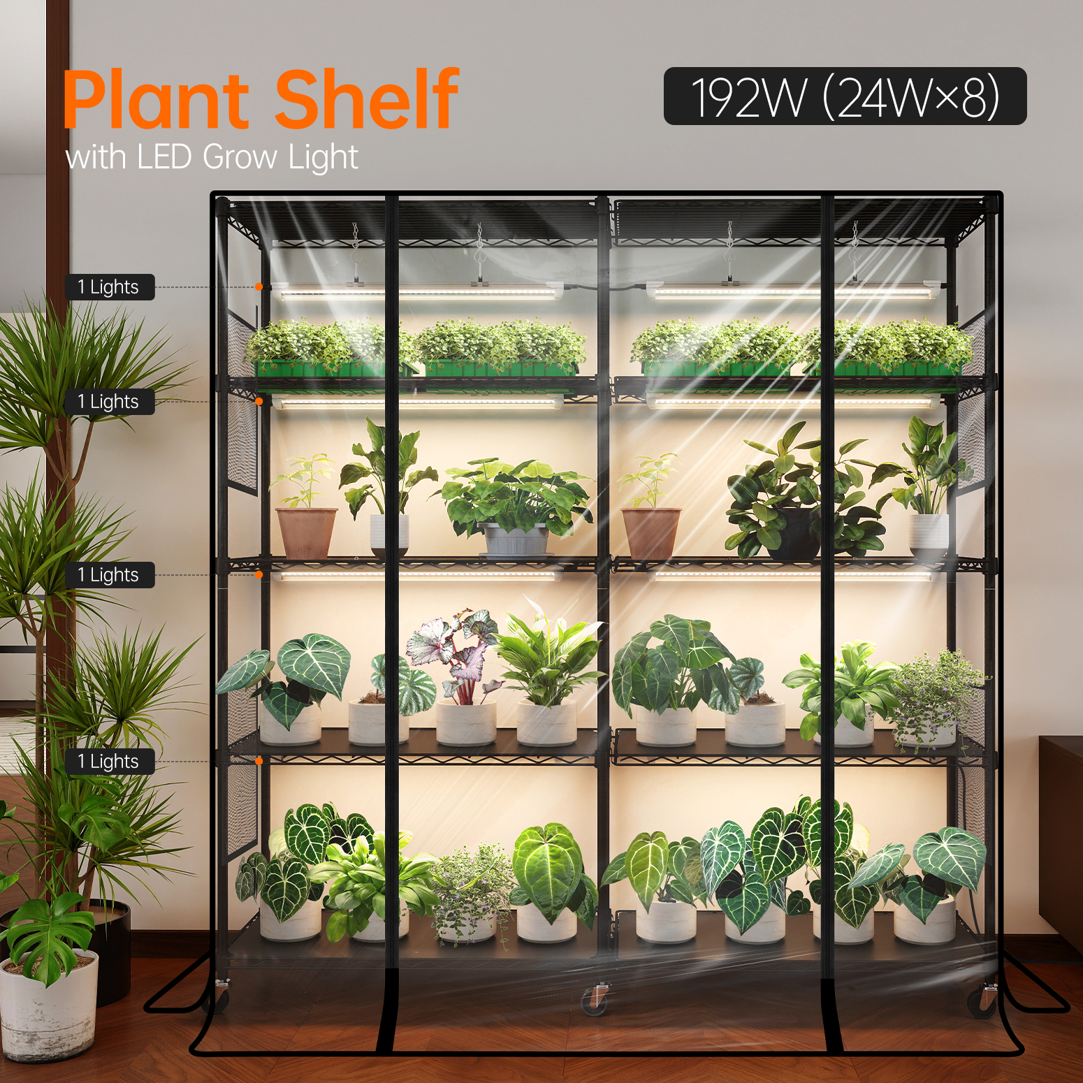 Bstrip DY155G Indoor Greenhouse with Grow Light, 5-Tier Large Plant Shelf with 8-Pack T8 Full Spectrum LED Grow Lights & EVA Cover, Heavy-Duty Mini Greenhouse for Seed Starting, Herbs, Flowers & Indoor Plants (58" L x 13.8" W x 59" H)