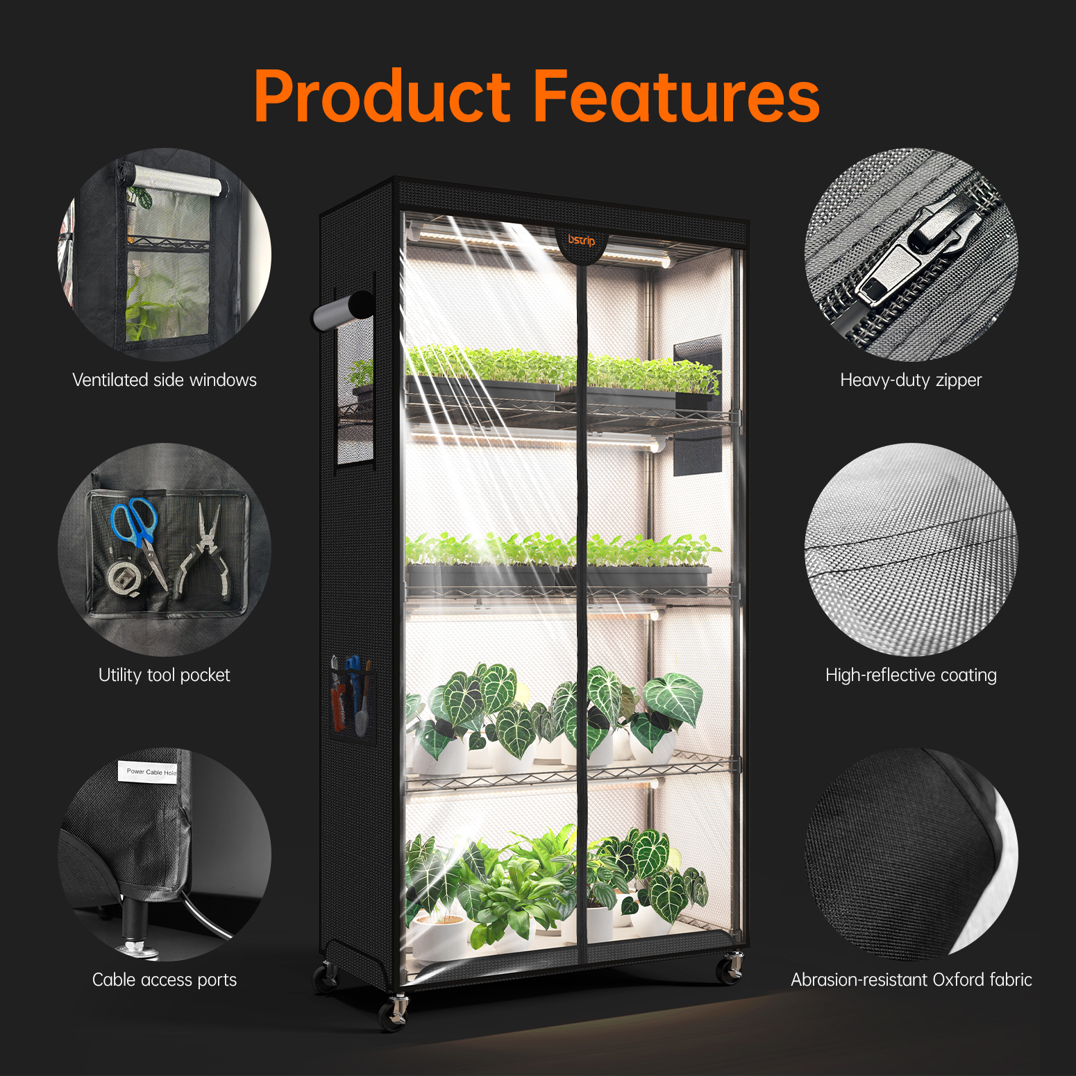 Bstrip Indoor Greenhouse with Grow Lights, 4-Tier Plant Stand with 24W Full Spectrum LED Grow Light Strips, Reflective Grow Tent with Auto Timer & Waterproof Mats for Seed Starting, Tropical Plants, Indoor Gardening