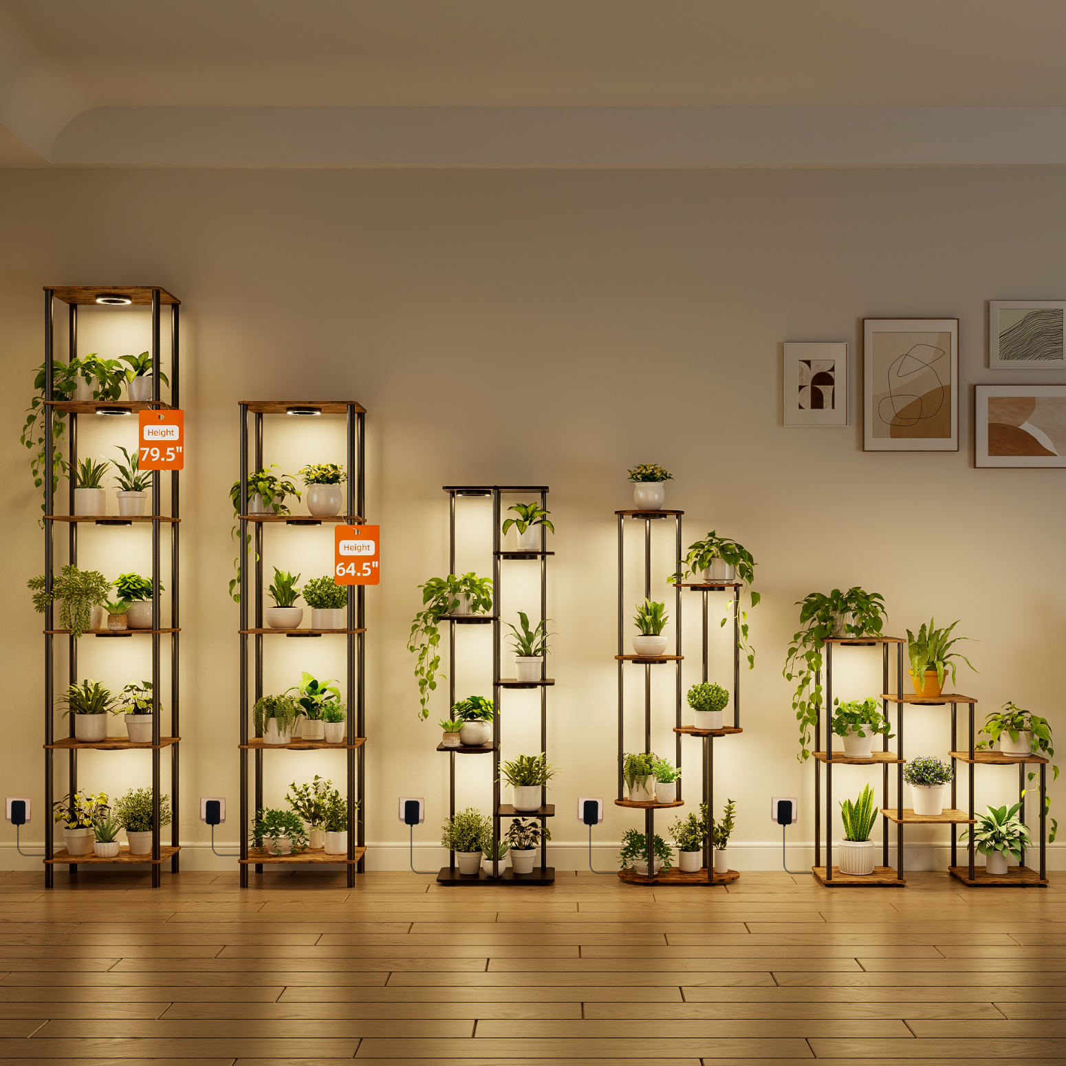 Bstrip Plant Stand with Grow Light, 53 Inch High Indoor Plant Shelf with 5 Full Spectrum LED Plant Lights, 7 Tier Metal and Wood Flower Stand with Adjustable Brightness & Timer, Rectangular Plant Rack for Home Corner Decor