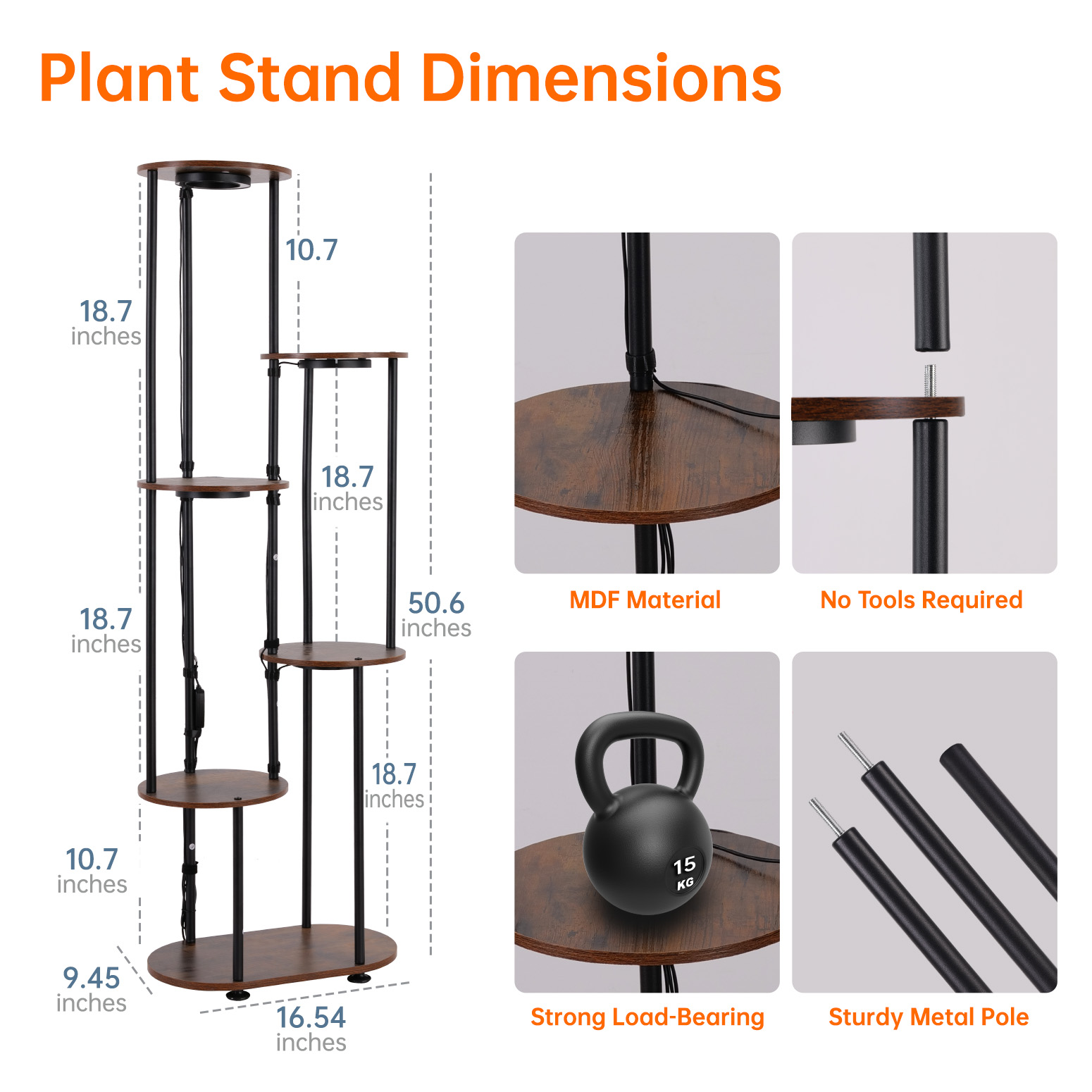 Bstrip Plant Stand with Grow Light, 50 Inch High Indoor Plant Shelf with 4 Full Spectrum LED Plant Lights, 6 Tier Metal and Wood Flower Stand with Adjustable Brightness & Timer, Double-Row Plant Rack for Home Corner Decor