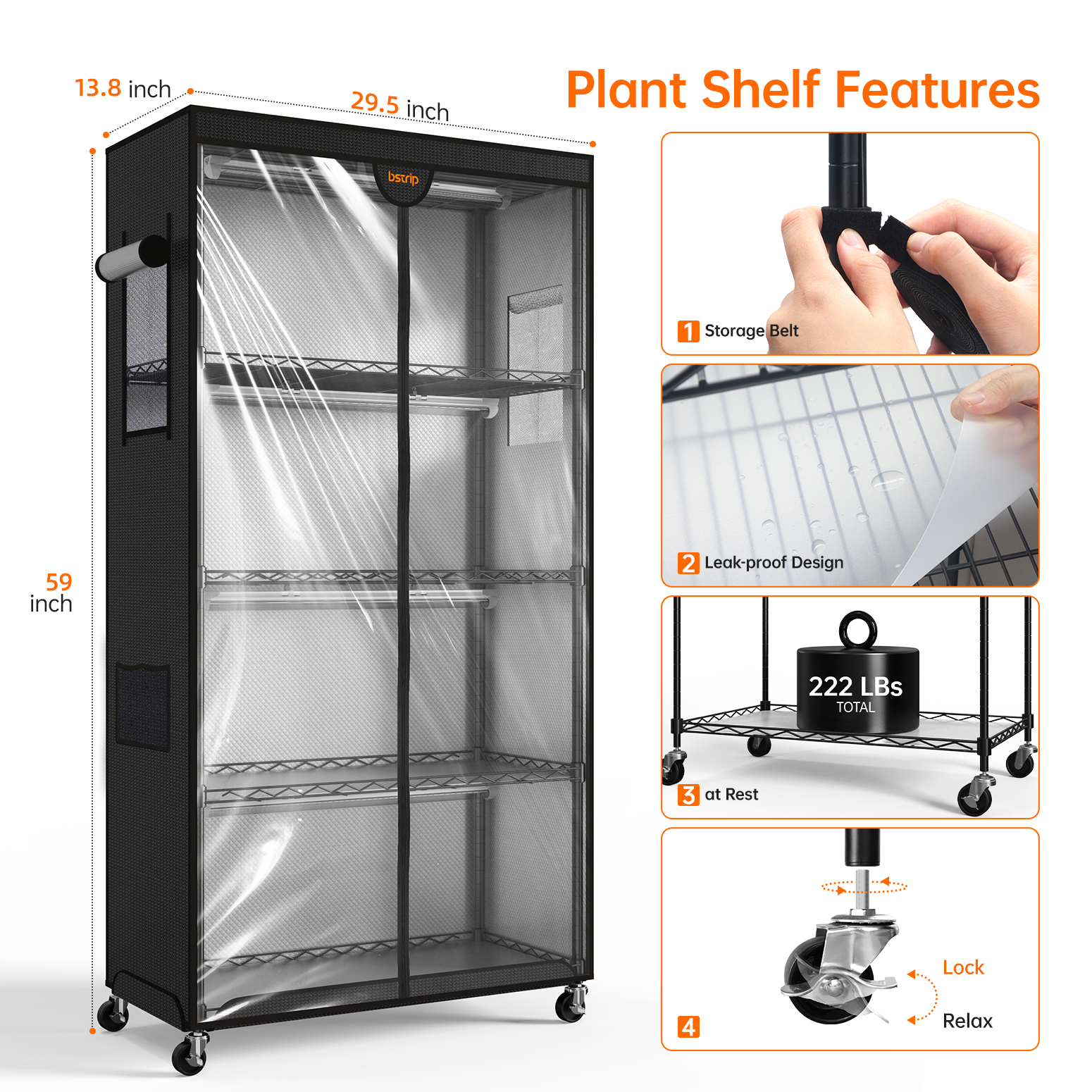 Bstrip Indoor Greenhouse with Grow Lights, 4-Tier Plant Stand with 24W Full Spectrum LED Grow Light Strips, Reflective Grow Tent with Auto Timer & Waterproof Mats for Seed Starting, Tropical Plants, Indoor Gardening