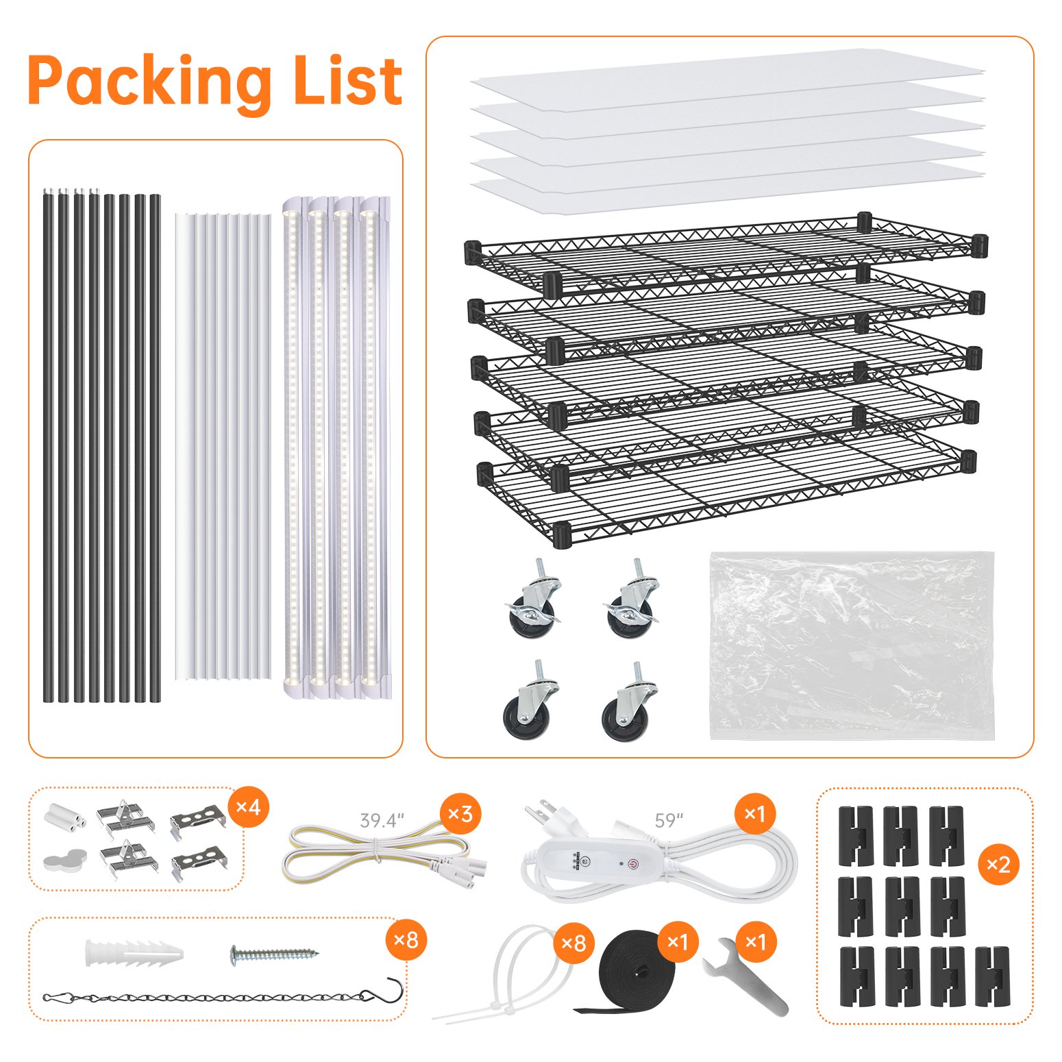 Bstrip 59" 5-Tier Indoor Greenhouse with 4 T8 Grow Lights, 5000K Full Spectrum Plant Shelf with Timer & EVA Cover