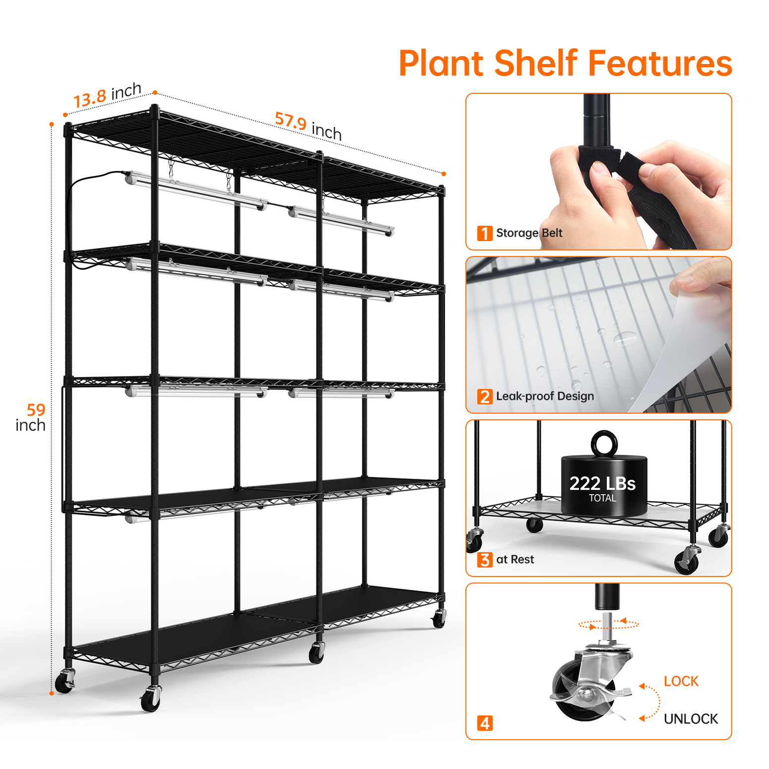 Bstrip DY155 5-Tier Plant Shelf with Grow Light, Heavy-Duty Indoor Plant Stand with 192W T8 Full Spectrum LED Grow Light System, Adjustable L-Shaped or Linear Plant Rack for Seed Starting, Herbs, Flowers & Indoor Plants (58" x 13.8" x 59")