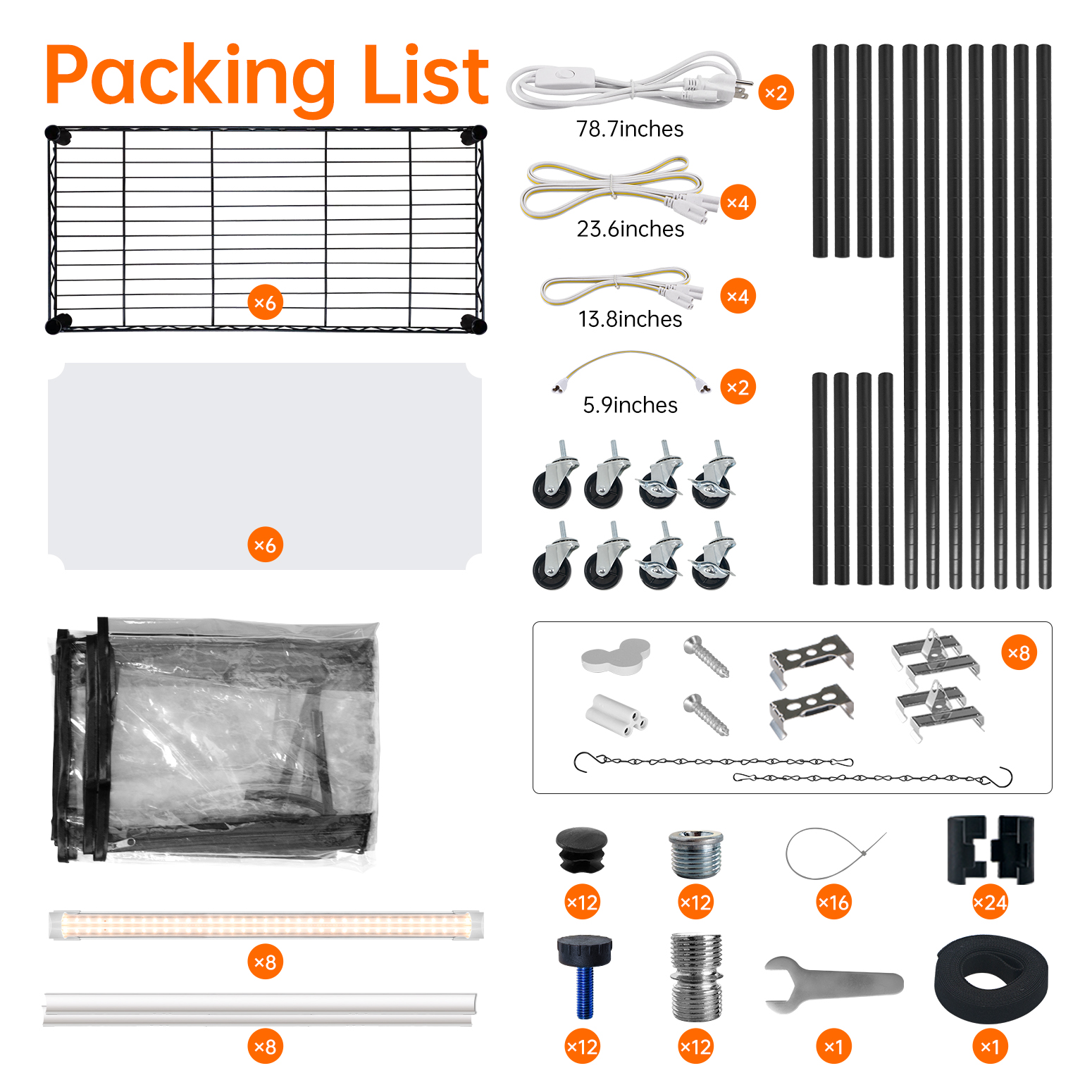 Bstrip DIY Plant Shelf with Grow Lights and Greenhouse Cover, 70.9 Inch Adjustable Plant Stand with 8-Pack Full Spectrum LED Grow Lights, Mobile Indoor Gardening System with EVA Cover for Seed Starting, Tropical Plants
