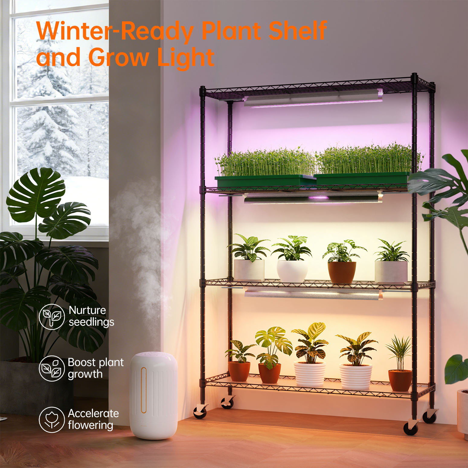 Bstrip 4-Tier Plant Shelf with Grow Lights, 59 Inch Indoor Plant Stand with 3-Pack Full Spectrum LED Grow Lights, 30W T5 Plant Light for Seed Starting, Succulents, Indoor Gardening (35.4" L x 13.8" W)