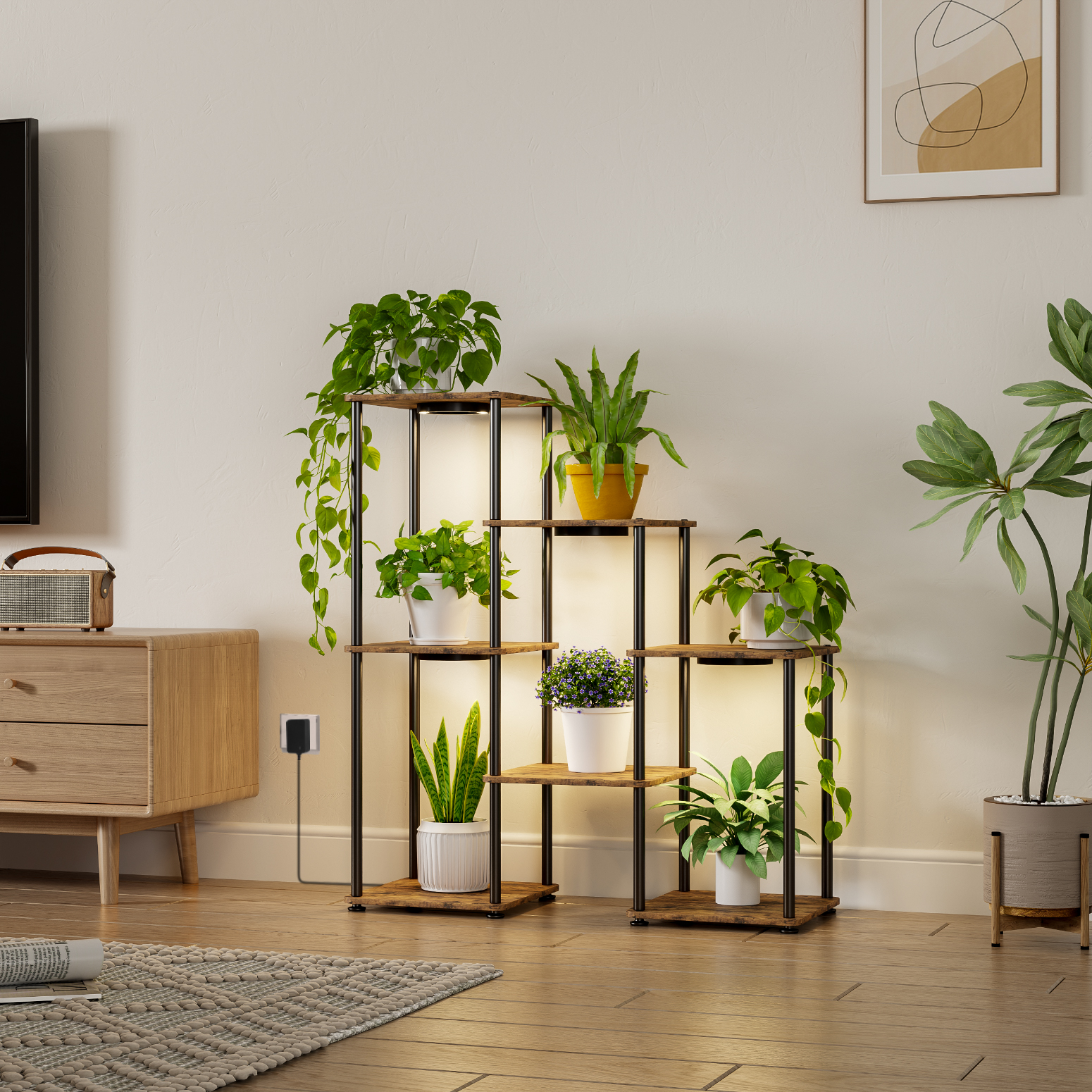 Bstrip Plant Stand with Grow Light, 33 Inch 7 Tier Indoor Plant Shelf with 4 Full Spectrum LED Plant Lights, Metal and Wood Flower Stand with Adjustable Brightness & Timer, Corner Plant Rack for Home Decor