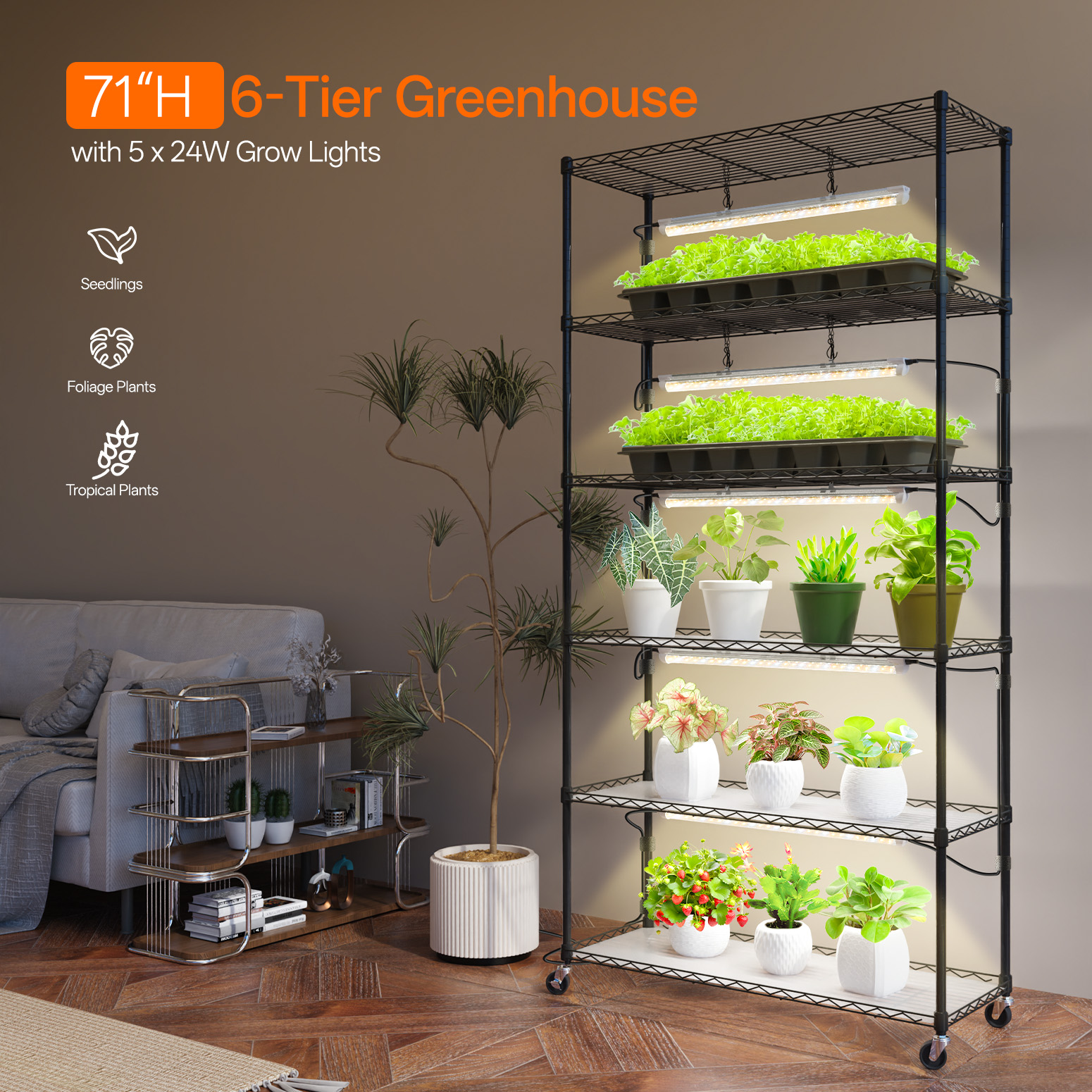 Bstrip 71" 6-Tier Metal Plant Shelf with 5x24W Grow Lights, Full Spectrum Adjustable Stand with Wheels for Indoor Plants