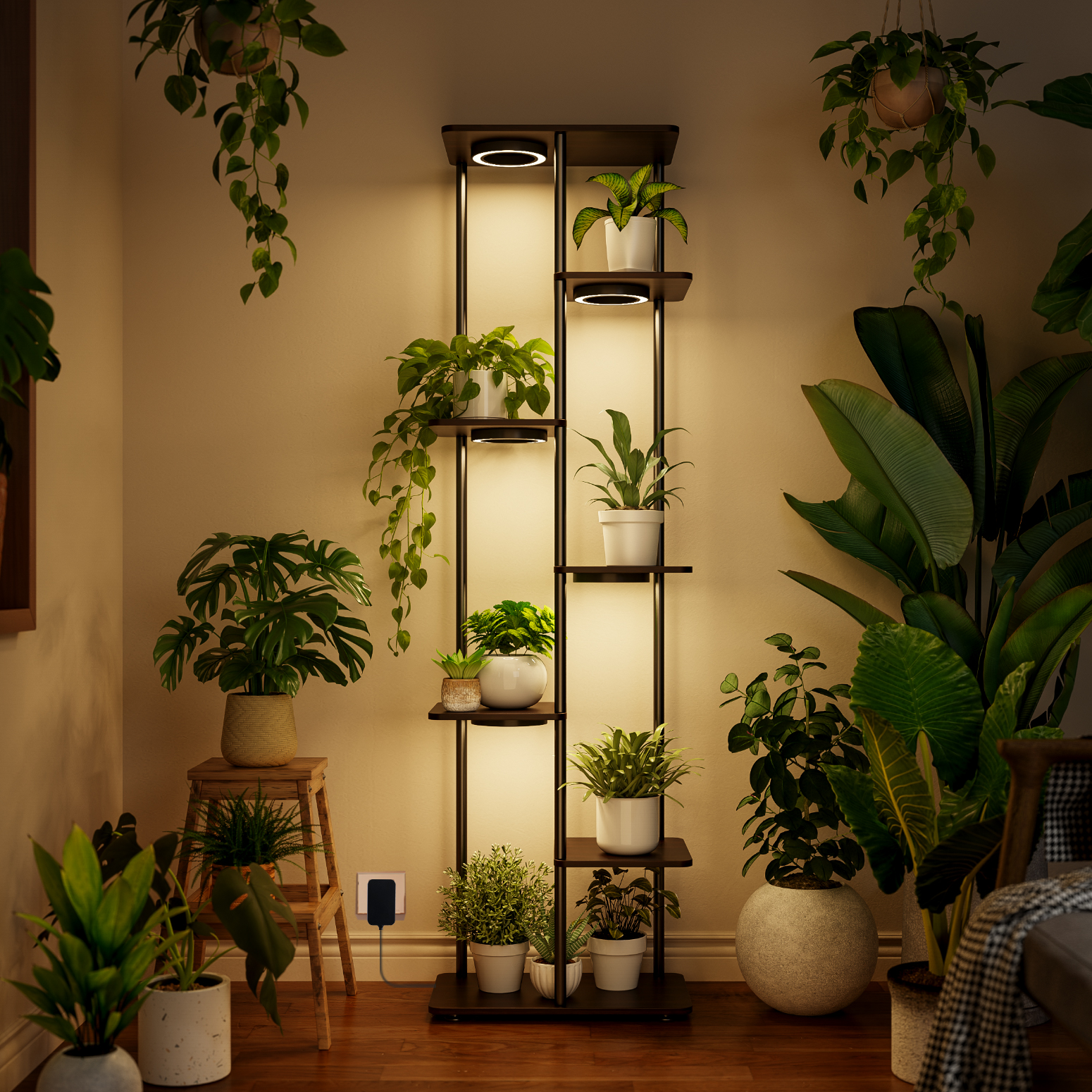 Bstrip Plant Stand with Grow Light, 53 Inch High Indoor Plant Shelf with 5 Full Spectrum LED Plant Lights, 7 Tier Metal and Wood Flower Stand with Adjustable Brightness & Timer, Rectangular Plant Rack for Home Corner Decor