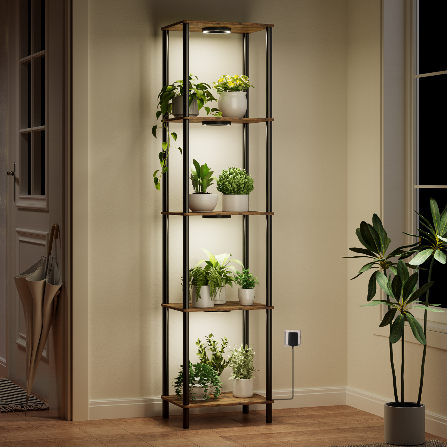 Bstrip Plant Stand with Grow Light, 66 Inch Tall Indoor Plant Shelf with 4 Full Spectrum LED Plant Lights, 5 Tier Metal and Wood Flower Stand with Adjustable Brightness & Timer, Plant Rack for Home Corner Decor