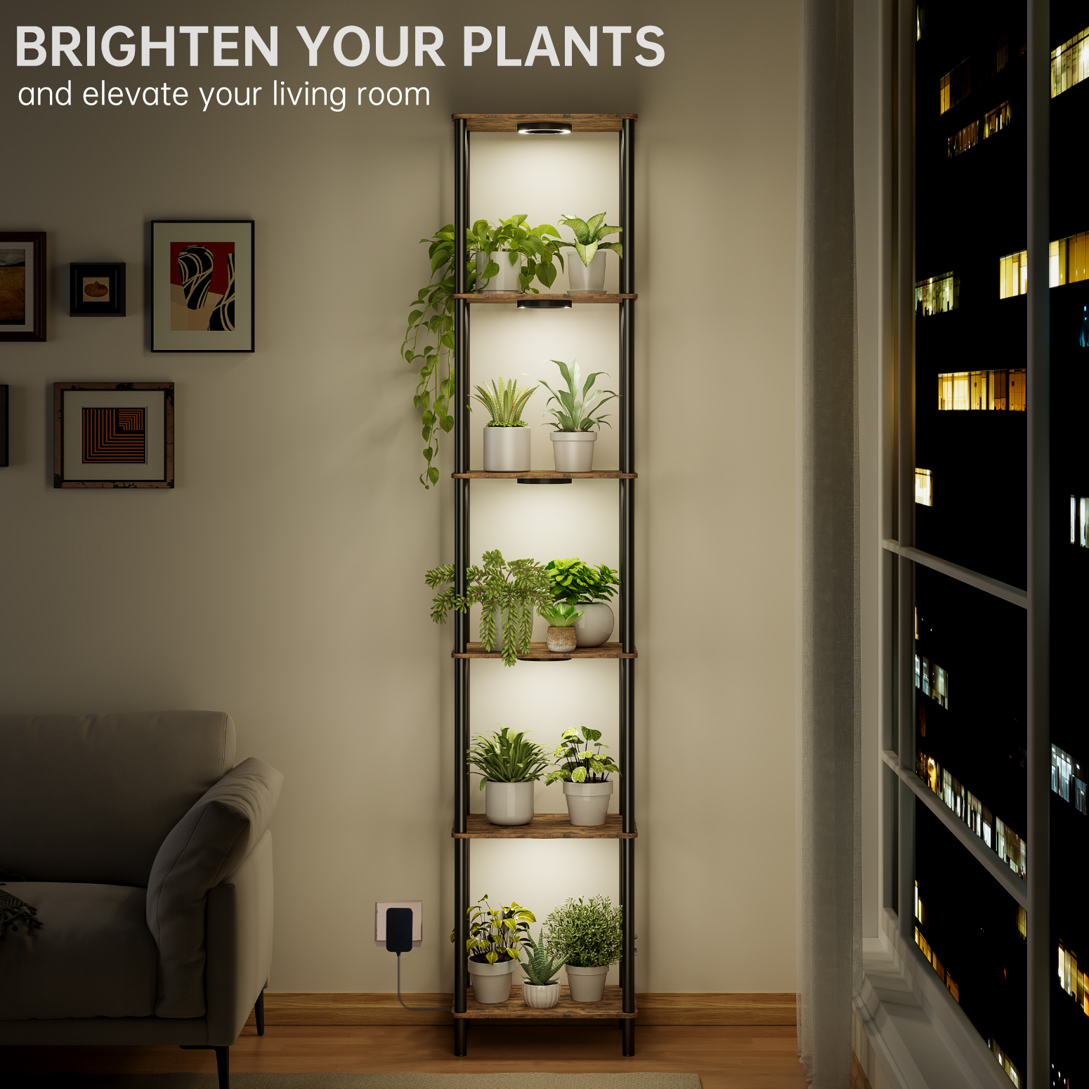 Bstrip Plant Stand with Grow Light, 81.3 Inch Tall Indoor Plant Shelf with 5 Full Spectrum LED Plant Lights, 6 Tier Metal and Wood Flower Stand with Adjustable Brightness & Timer, Lighted Plant Rack for Home Corner, Patio Decor