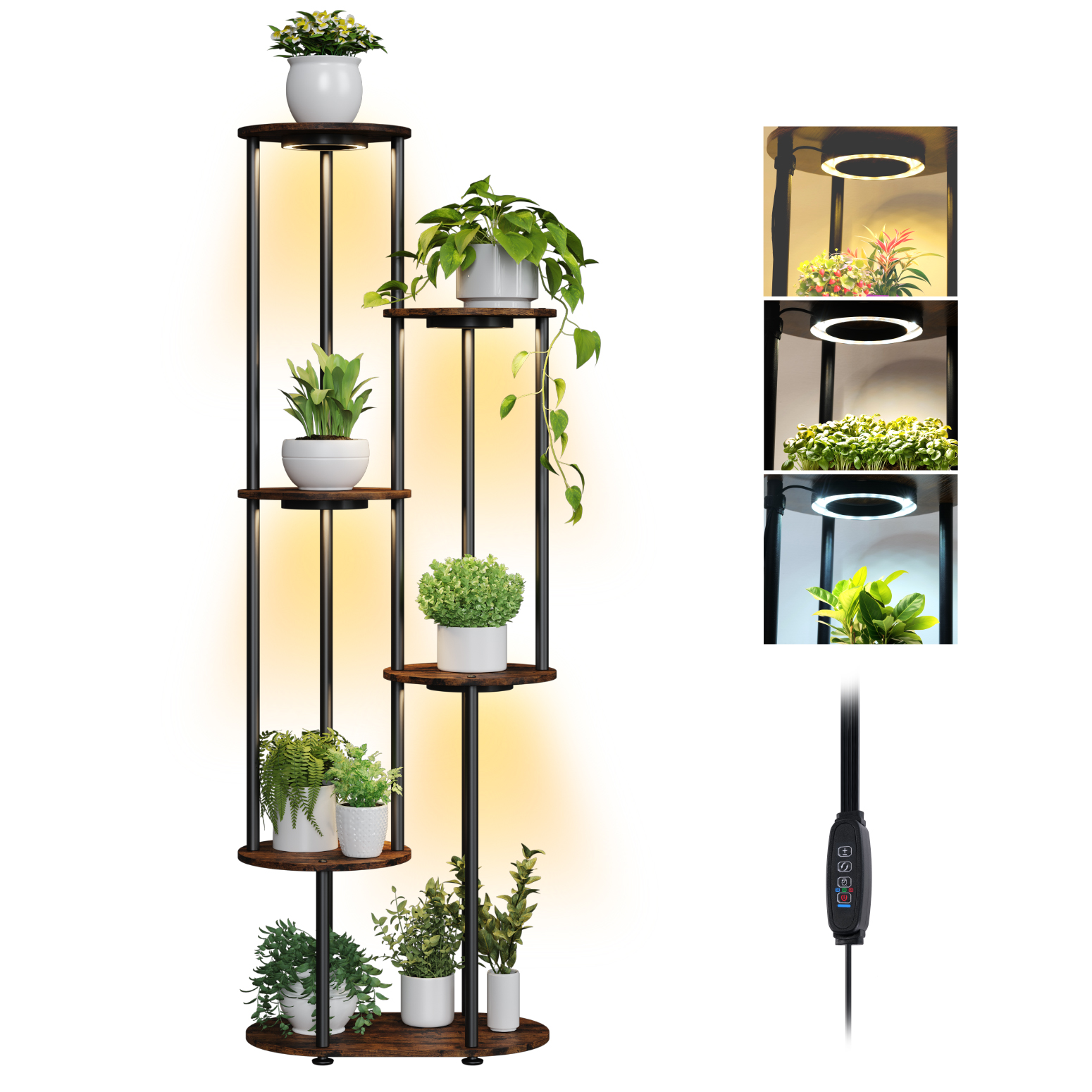 Bstrip Plant Stand with Grow Light, 50 Inch High Indoor Plant Shelf with 4 Full Spectrum LED Plant Lights, 6 Tier Metal and Wood Flower Stand with Adjustable Brightness & Timer, Double-Row Plant Rack for Home Corner Decor