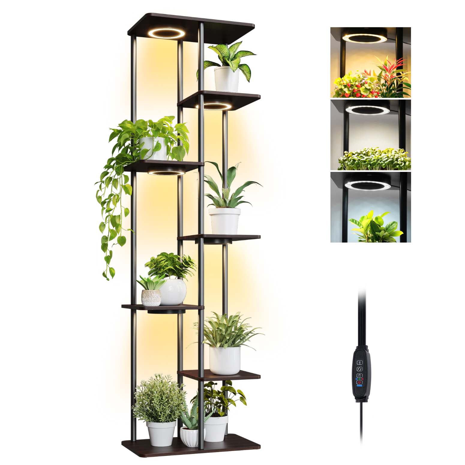 Bstrip Plant Stand with Grow Light, 53 Inch High Indoor Plant Shelf with 5 Full Spectrum LED Plant Lights, 7 Tier Metal and Wood Flower Stand with Adjustable Brightness & Timer, Rectangular Plant Rack for Home Corner Decor