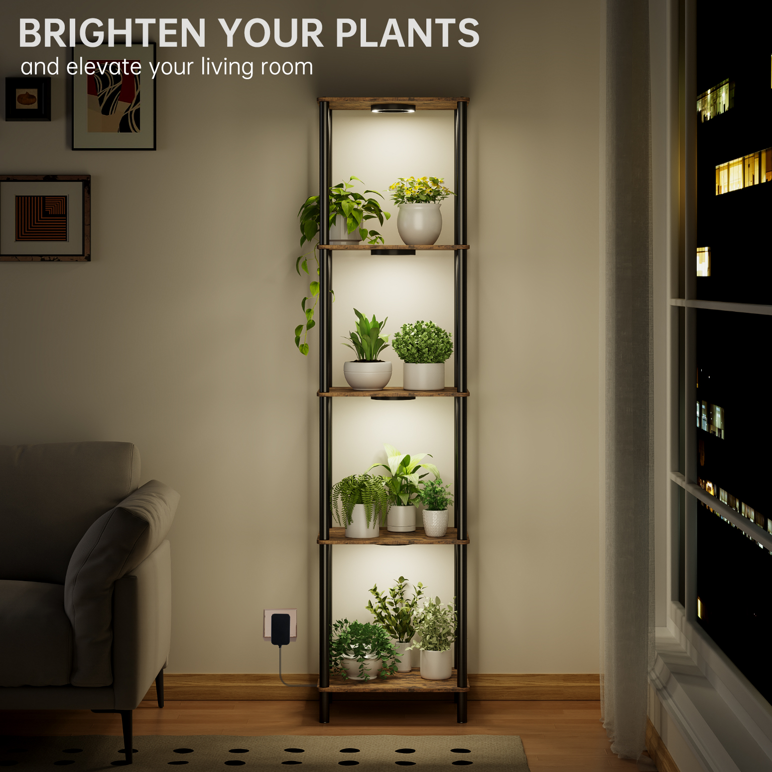 Bstrip Plant Stand with Grow Light, 66 Inch Tall Indoor Plant Shelf with 4 Full Spectrum LED Plant Lights, 5 Tier Metal and Wood Flower Stand with Adjustable Brightness & Timer, Plant Rack for Home Corner Decor