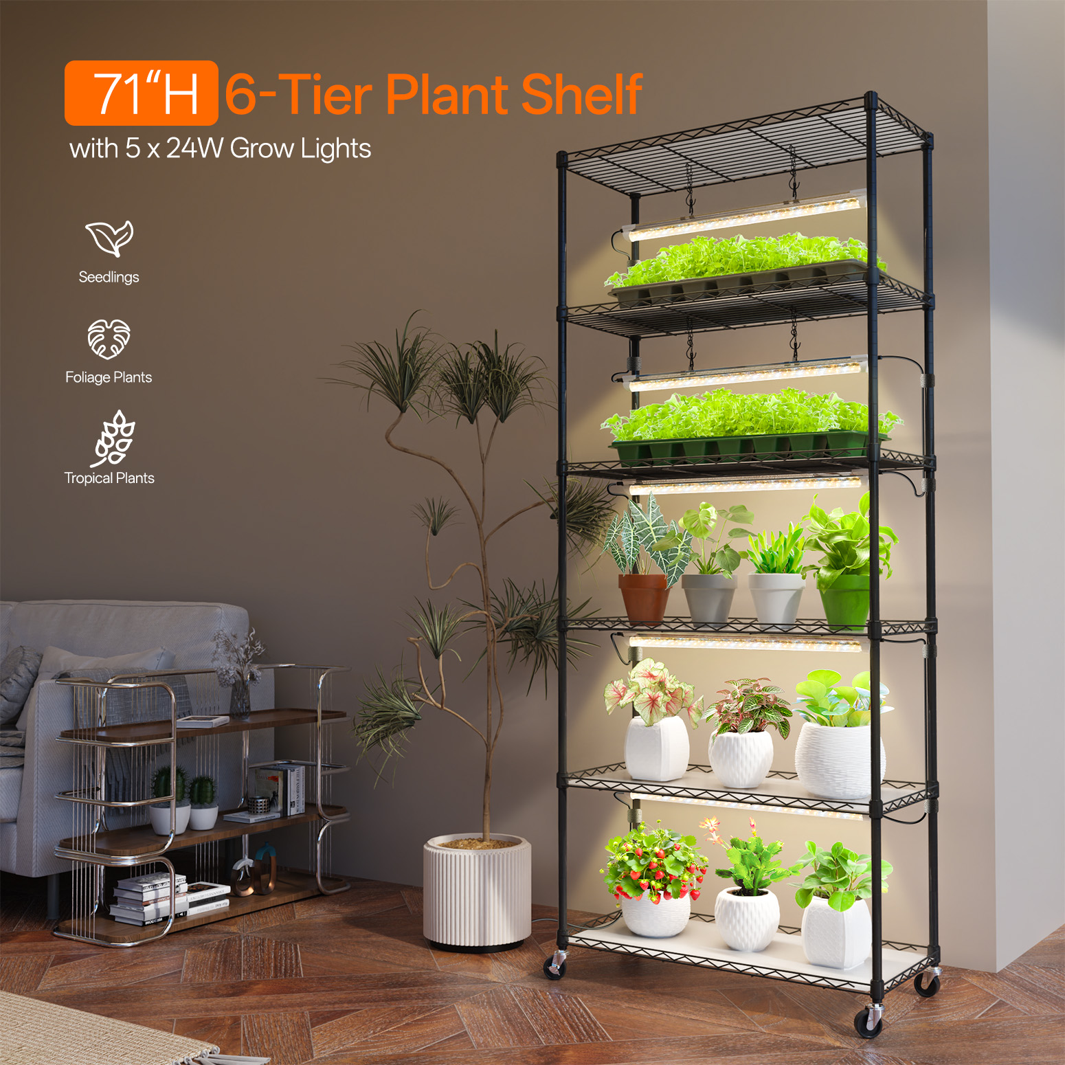 Bstrip 71" 6-Tier Metal Plant Shelf with 5x24W Grow Lights, Full Spectrum Adjustable Stand with Wheels for Indoor Plants