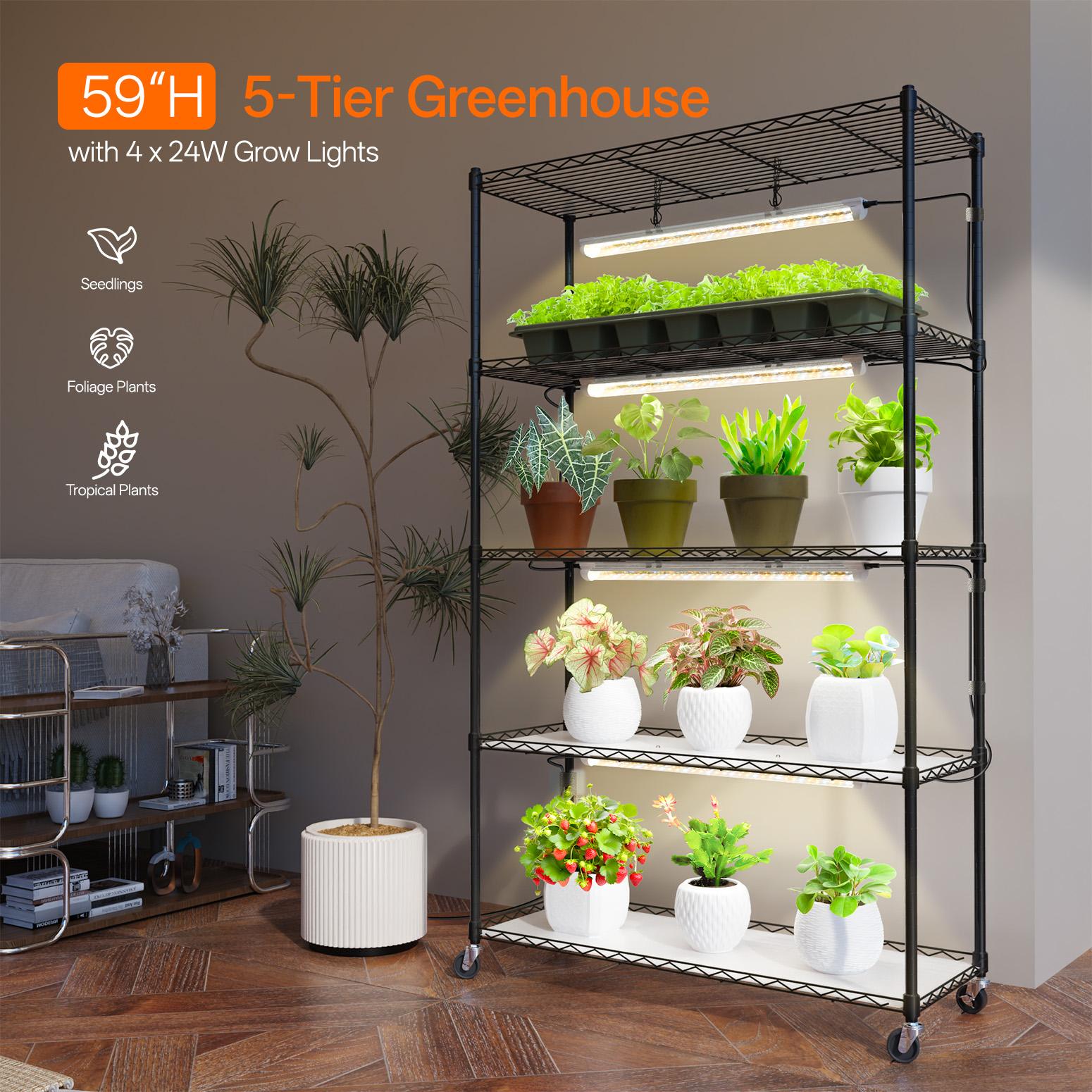 Bstrip 59" 5-Tier Metal Plant Shelf with 4x24W Grow Lights, Full Spectrum Adjustable Stand with Timer & Locking Wheels