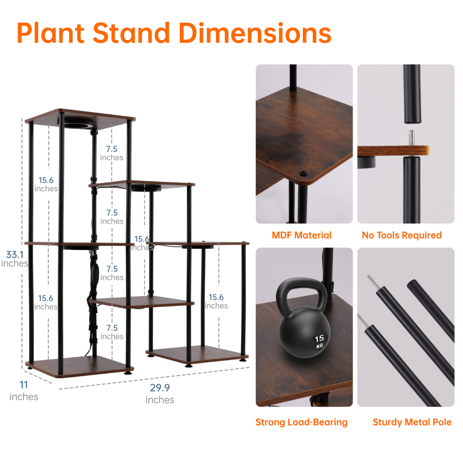 Bstrip Plant Stand with Grow Light, 33 Inch 7 Tier Indoor Plant Shelf with 4 Full Spectrum LED Plant Lights, Metal and Wood Flower Stand with Adjustable Brightness & Timer, Corner Plant Rack for Home Decor