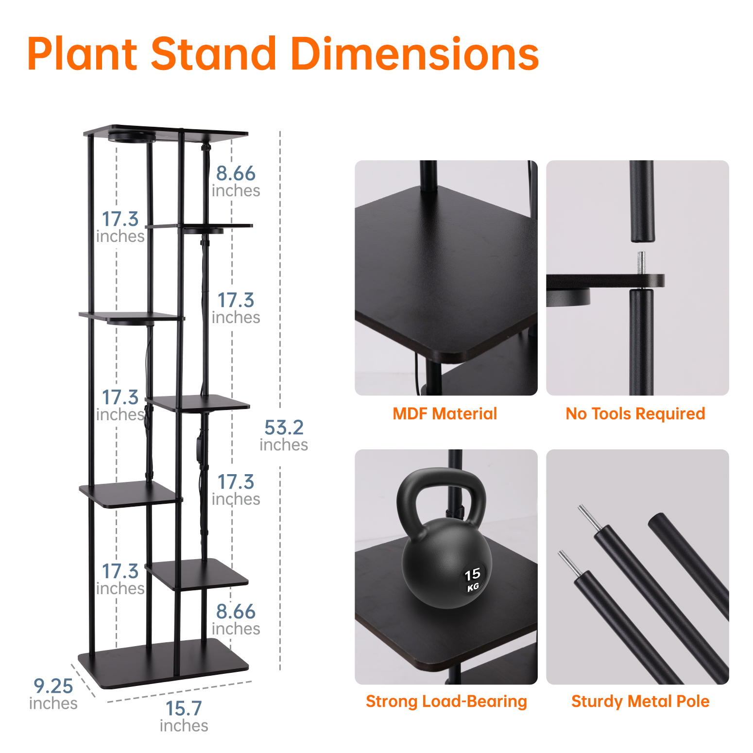 Bstrip Plant Stand with Grow Light, 53 Inch High Indoor Plant Shelf with 5 Full Spectrum LED Plant Lights, 7 Tier Metal and Wood Flower Stand with Adjustable Brightness & Timer, Rectangular Plant Rack for Home Corner Decor