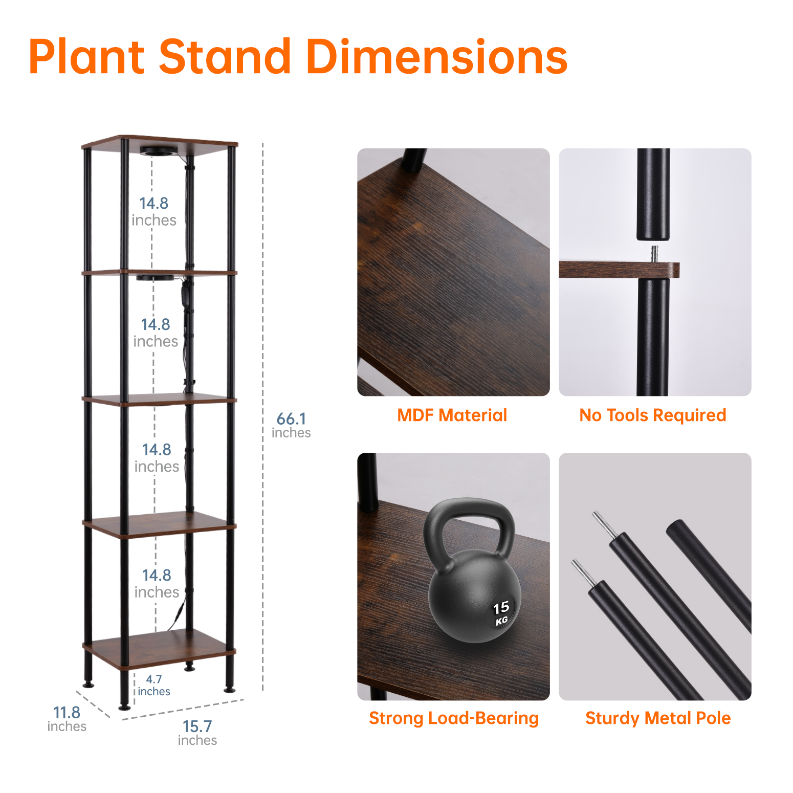 Bstrip Plant Stand with Grow Light, 66 Inch Tall Indoor Plant Shelf with 4 Full Spectrum LED Plant Lights, 5 Tier Metal and Wood Flower Stand with Adjustable Brightness & Timer, Plant Rack for Home Corner Decor