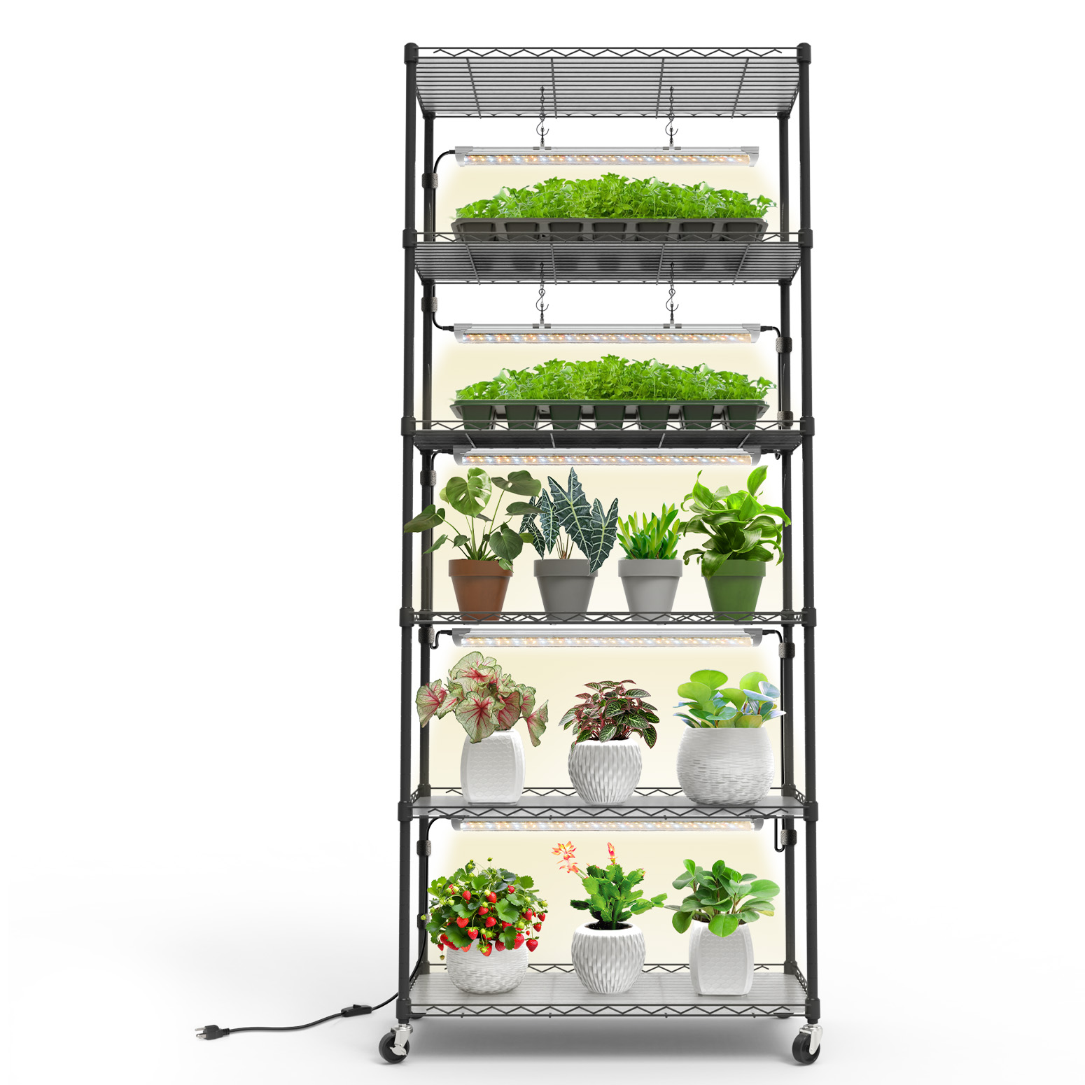 Bstrip 71" 6-Tier Metal Plant Shelf with 5x24W Grow Lights, Full Spectrum Adjustable Stand with Wheels for Indoor Plants