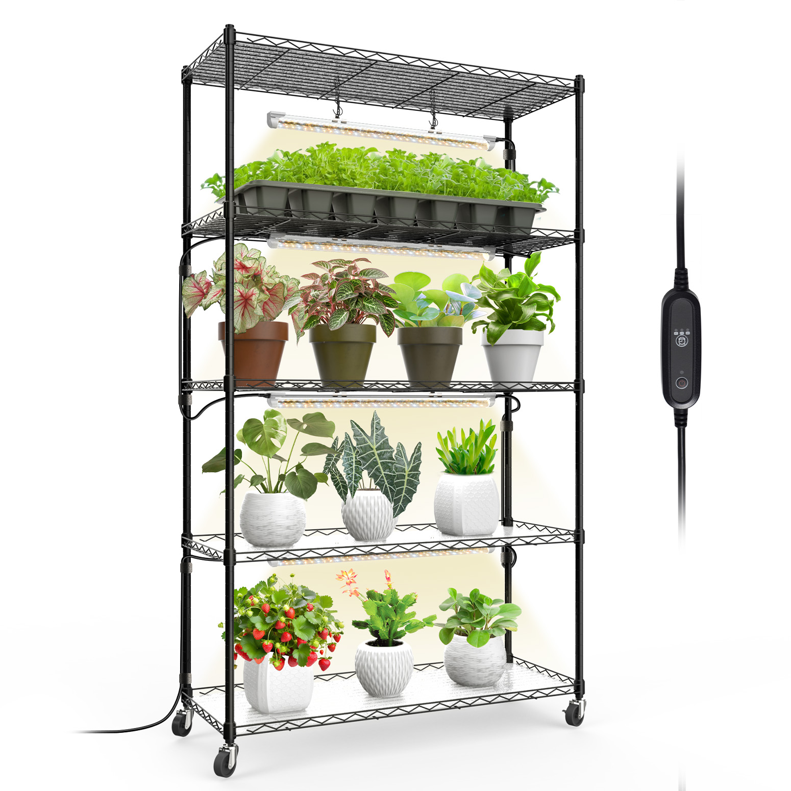 Bstrip 59" 5-Tier Metal Plant Shelf with 4x24W Grow Lights, Full Spectrum Adjustable Stand with Timer & Locking Wheels