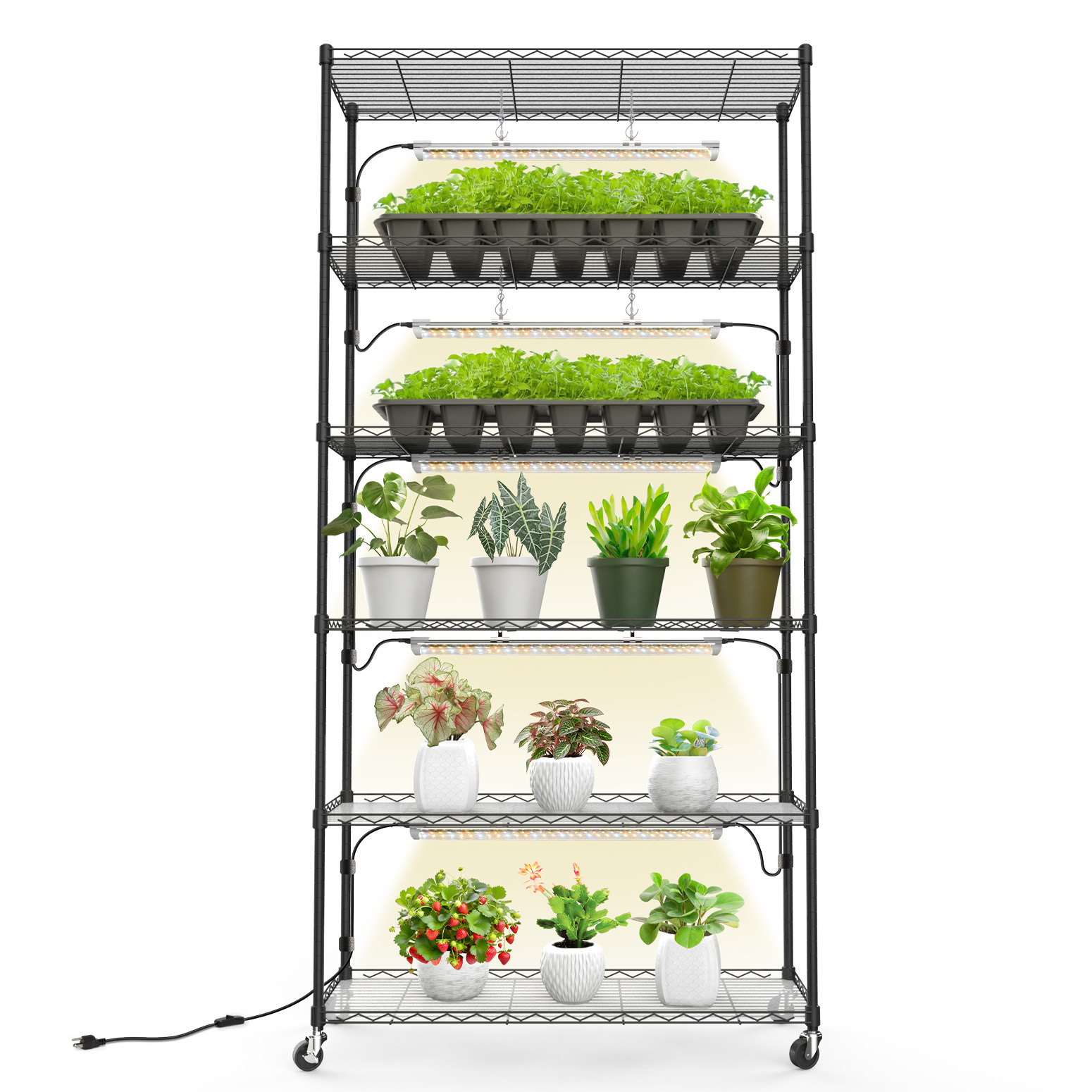 Bstrip 71" 6-Tier Metal Plant Shelf with 5x24W Grow Lights, Full Spectrum Adjustable Stand with Wheels for Indoor Plants
