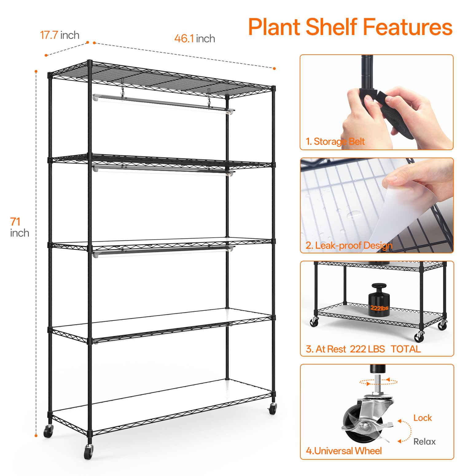 Bstrip 71" 5-Tier Plant Shelf with 120W T8 Grow Light, Large Indoor Plant Stand with Full Spectrum LED Lights and Locking Wheels