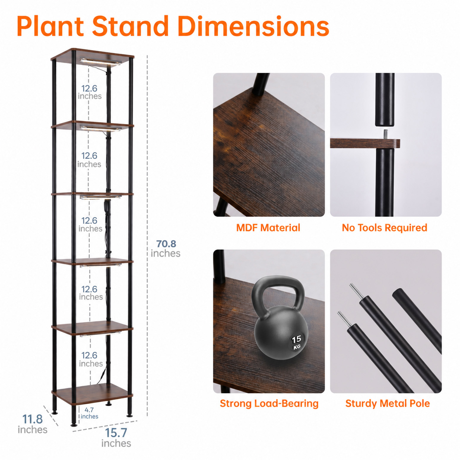 Bstrip 6-Tier Tall Plant Stand with Grow Lights, 70.8" Indoor Plant Shelf with Full Spectrum Dimmable LED Lights, 3 Light Modes & 3/9/12H Timer, Corner Flower Stand for Indoor Plants & Home Décor
