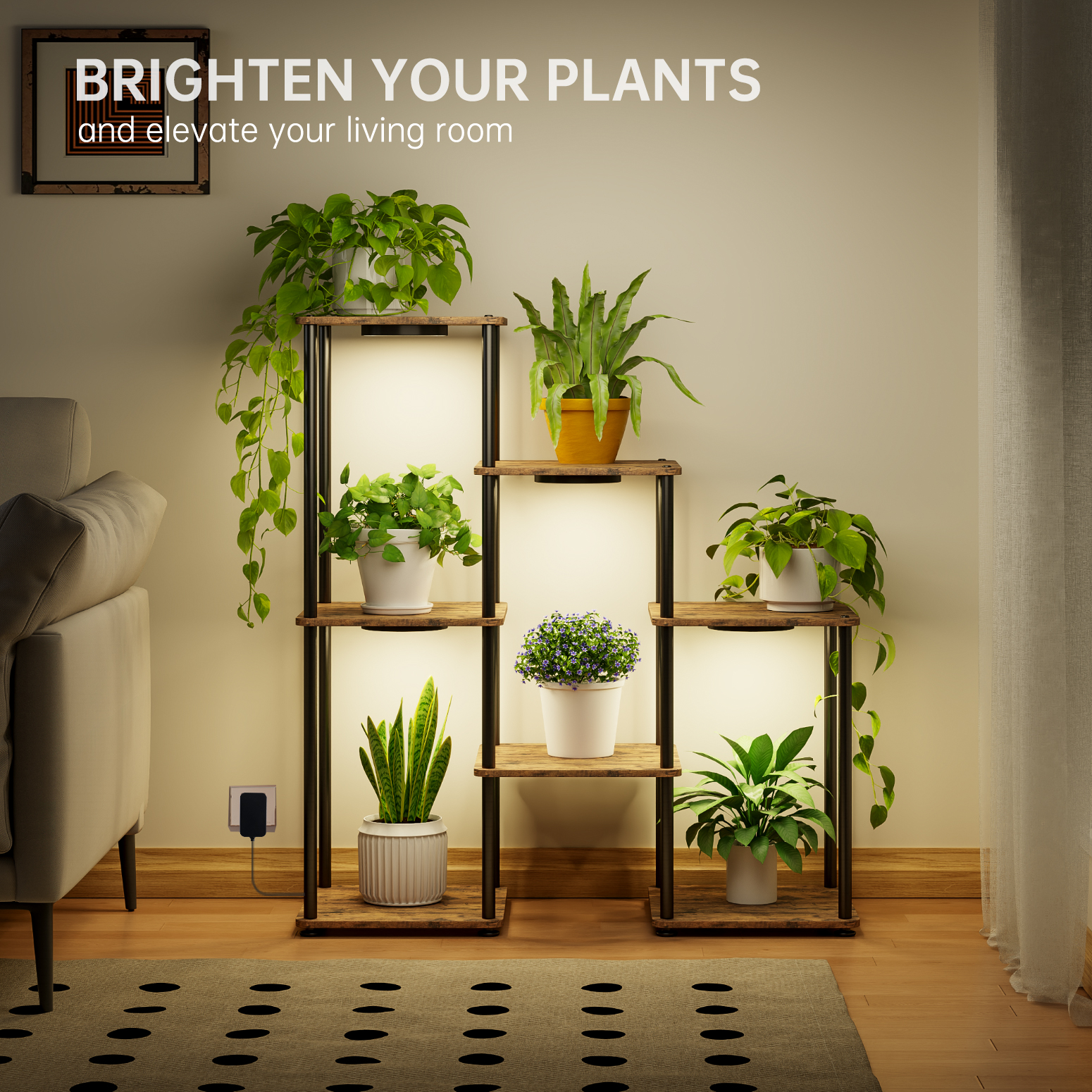 Bstrip Plant Stand with Grow Light, 33 Inch 7 Tier Indoor Plant Shelf with 4 Full Spectrum LED Plant Lights, Metal and Wood Flower Stand with Adjustable Brightness & Timer, Corner Plant Rack for Home Decor