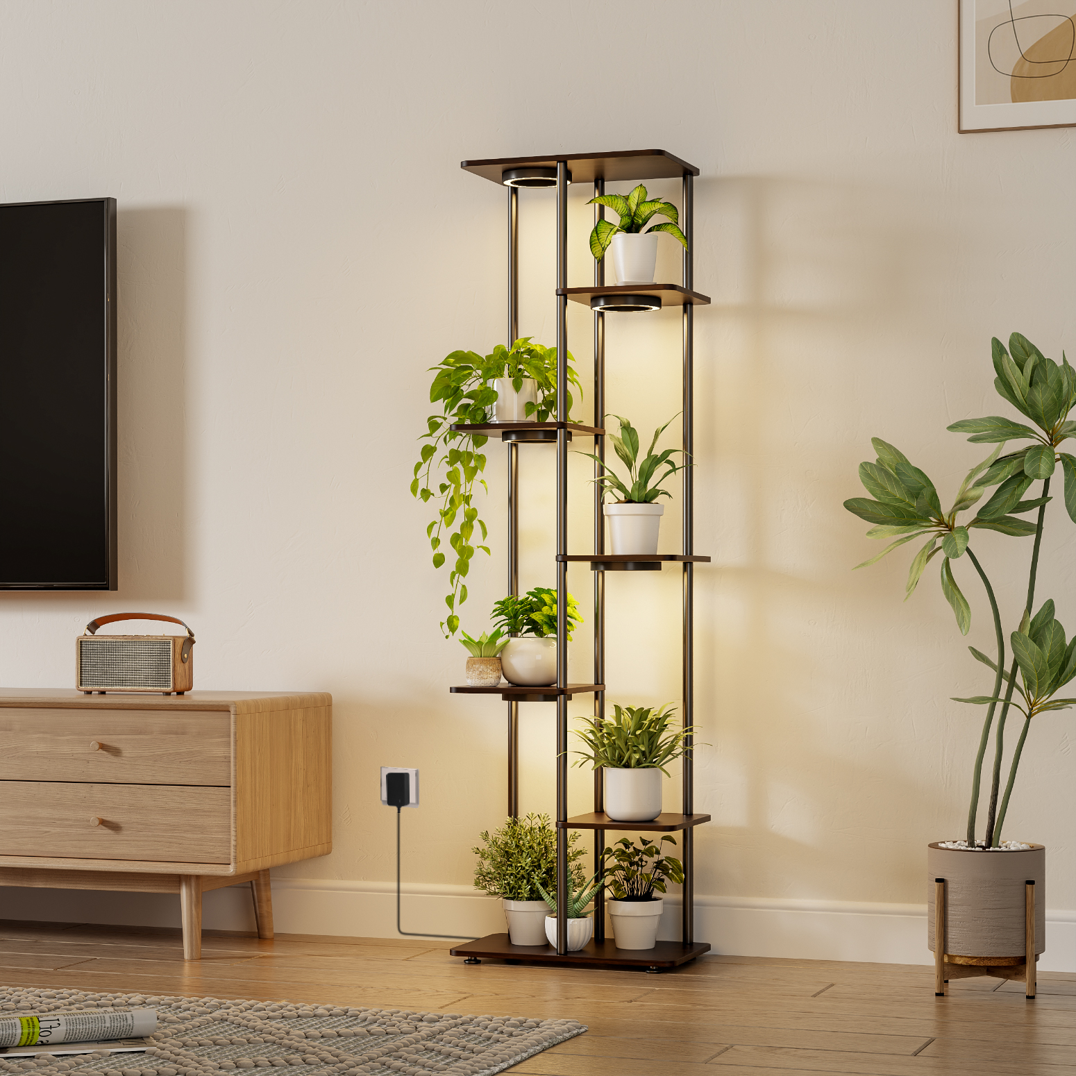 Bstrip Plant Stand with Grow Light, 53 Inch High Indoor Plant Shelf with 5 Full Spectrum LED Plant Lights, 7 Tier Metal and Wood Flower Stand with Adjustable Brightness & Timer, Rectangular Plant Rack for Home Corner Decor