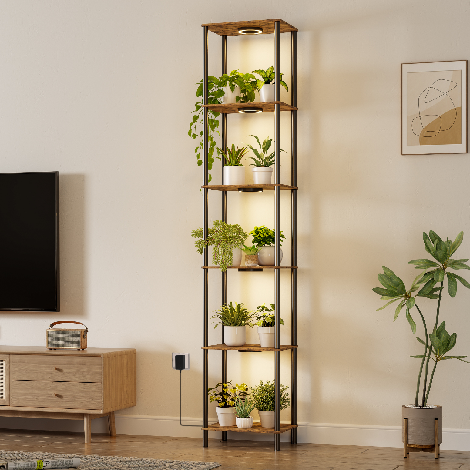 Bstrip Plant Stand with Grow Light, 81.3 Inch Tall Indoor Plant Shelf with 5 Full Spectrum LED Plant Lights, 6 Tier Metal and Wood Flower Stand with Adjustable Brightness & Timer, Lighted Plant Rack for Home Corner, Patio Decor