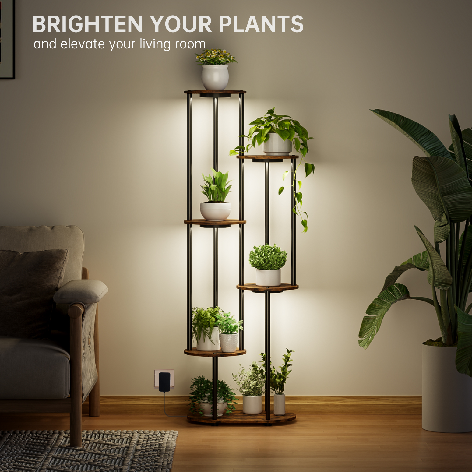 Bstrip Plant Stand with Grow Light, 50 Inch High Indoor Plant Shelf with 4 Full Spectrum LED Plant Lights, 6 Tier Metal and Wood Flower Stand with Adjustable Brightness & Timer, Double-Row Plant Rack for Home Corner Decor