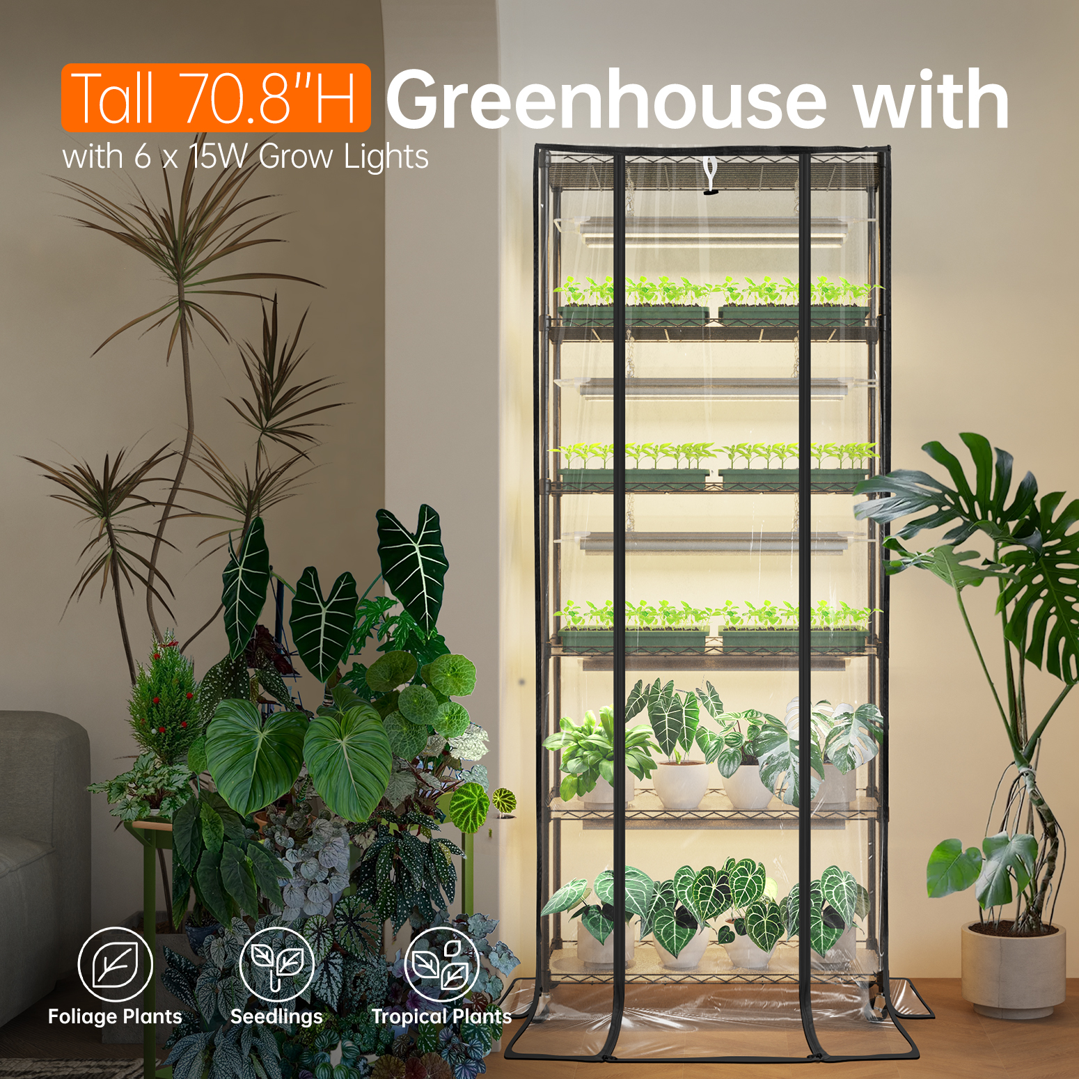 Bstrip DIY Plant Shelf with Grow Lights and Greenhouse Cover, 70.9 Inch Adjustable Plant Stand with 8-Pack Full Spectrum LED Grow Lights, Mobile Indoor Gardening System with EVA Cover for Seed Starting, Tropical Plants