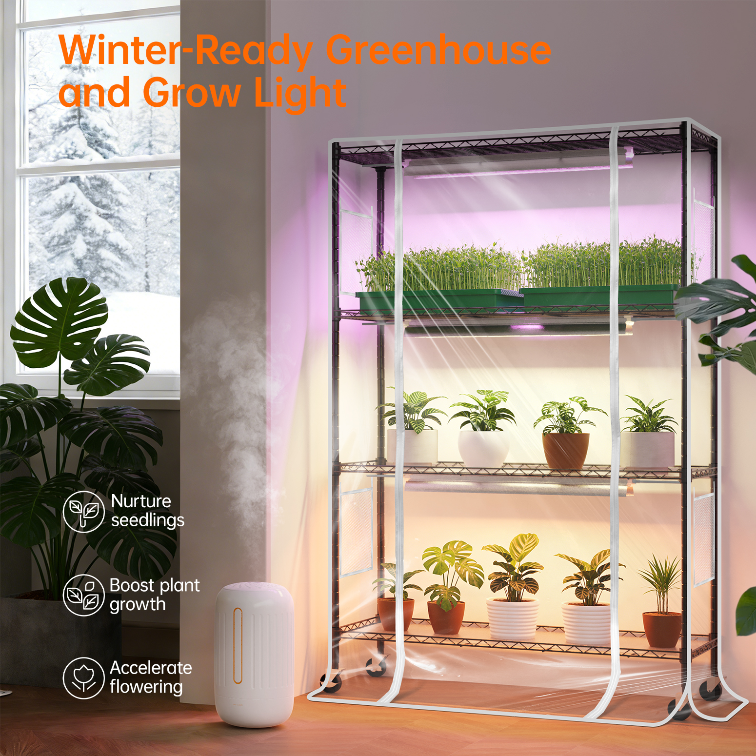 Bstrip Indoor Greenhouse with Grow Light, 59" Plant Stand with 3 Pack Full Spectrum LED Plant Lights, Portable Greenhouse Tent with Adjustable Light Height & Wheels for Indoor Gardening, Seed Starting, Year-Round Cultivation