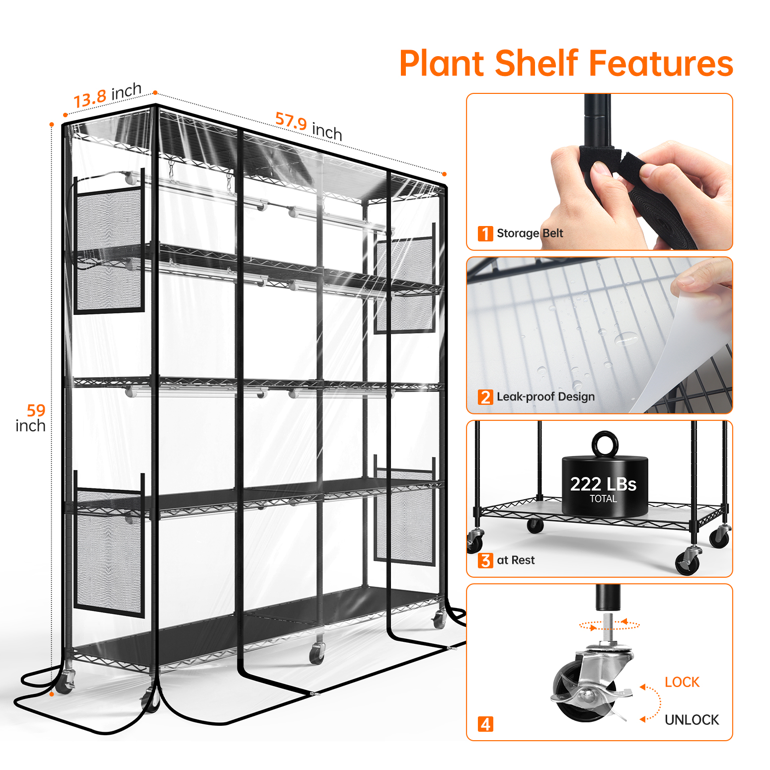 Bstrip DY155G Indoor Greenhouse with Grow Light, 5-Tier Large Plant Shelf with 8-Pack T8 Full Spectrum LED Grow Lights & EVA Cover, Heavy-Duty Mini Greenhouse for Seed Starting, Herbs, Flowers & Indoor Plants (58" L x 13.8" W x 59" H)