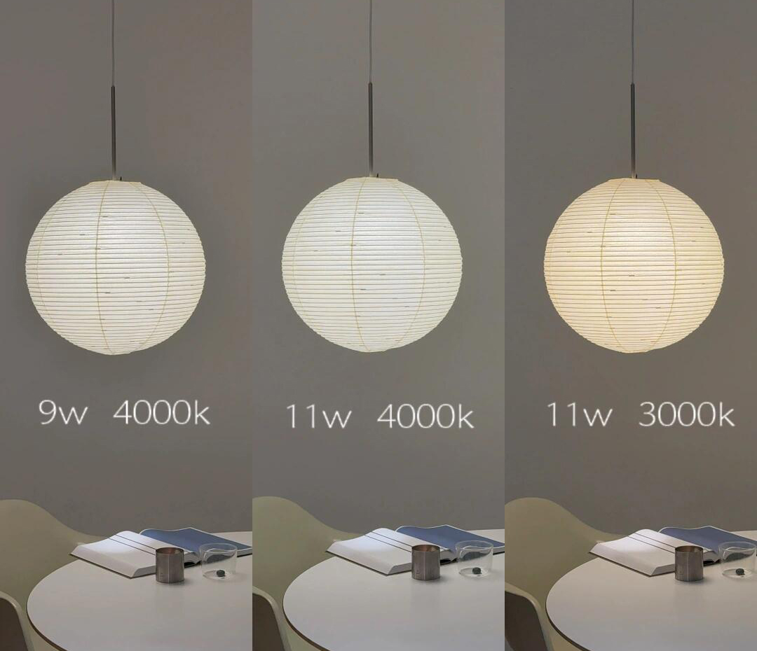 The effect of various color temperatures and brightnesses of light bulbs on the noguchi akari pendant lamp.